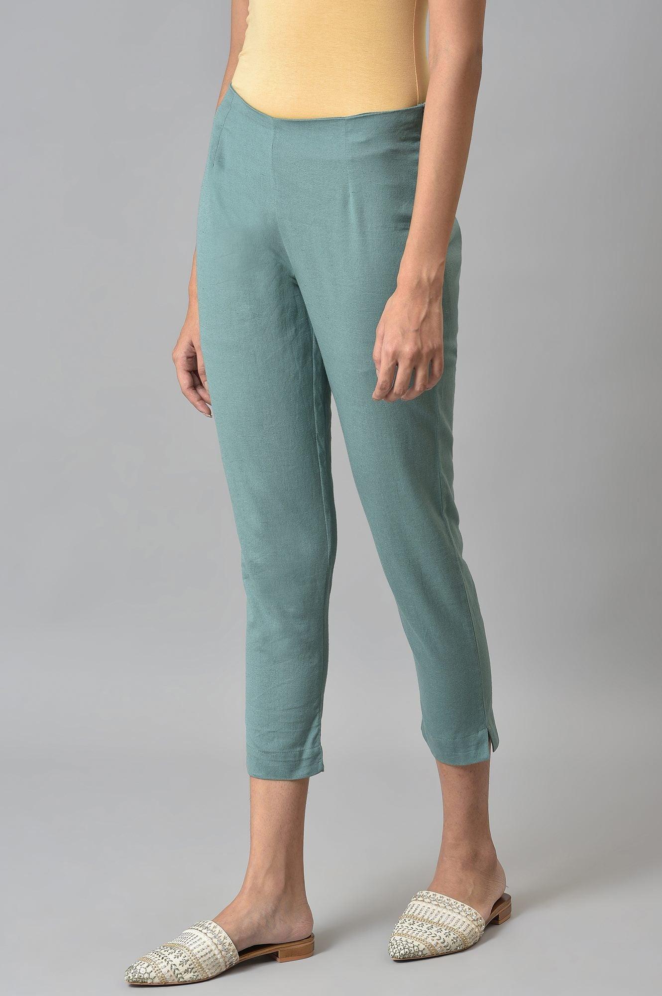 Aqua Blue Cotton Blend Slim Pants - Image 3