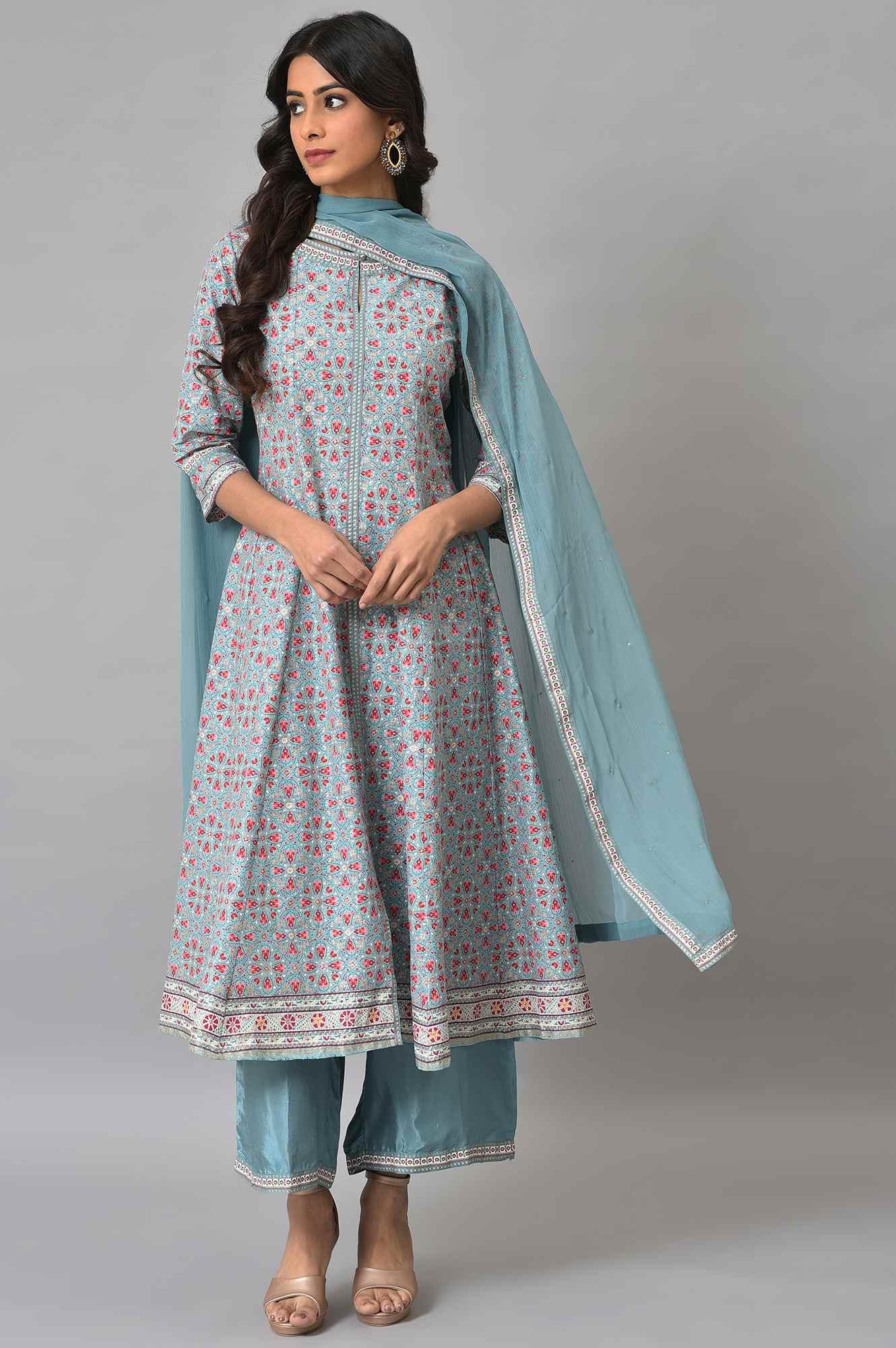 Aqua Blue Cotton Printed Flared kurta With Parallel Pants And Chiffon Dupatta - Image 10