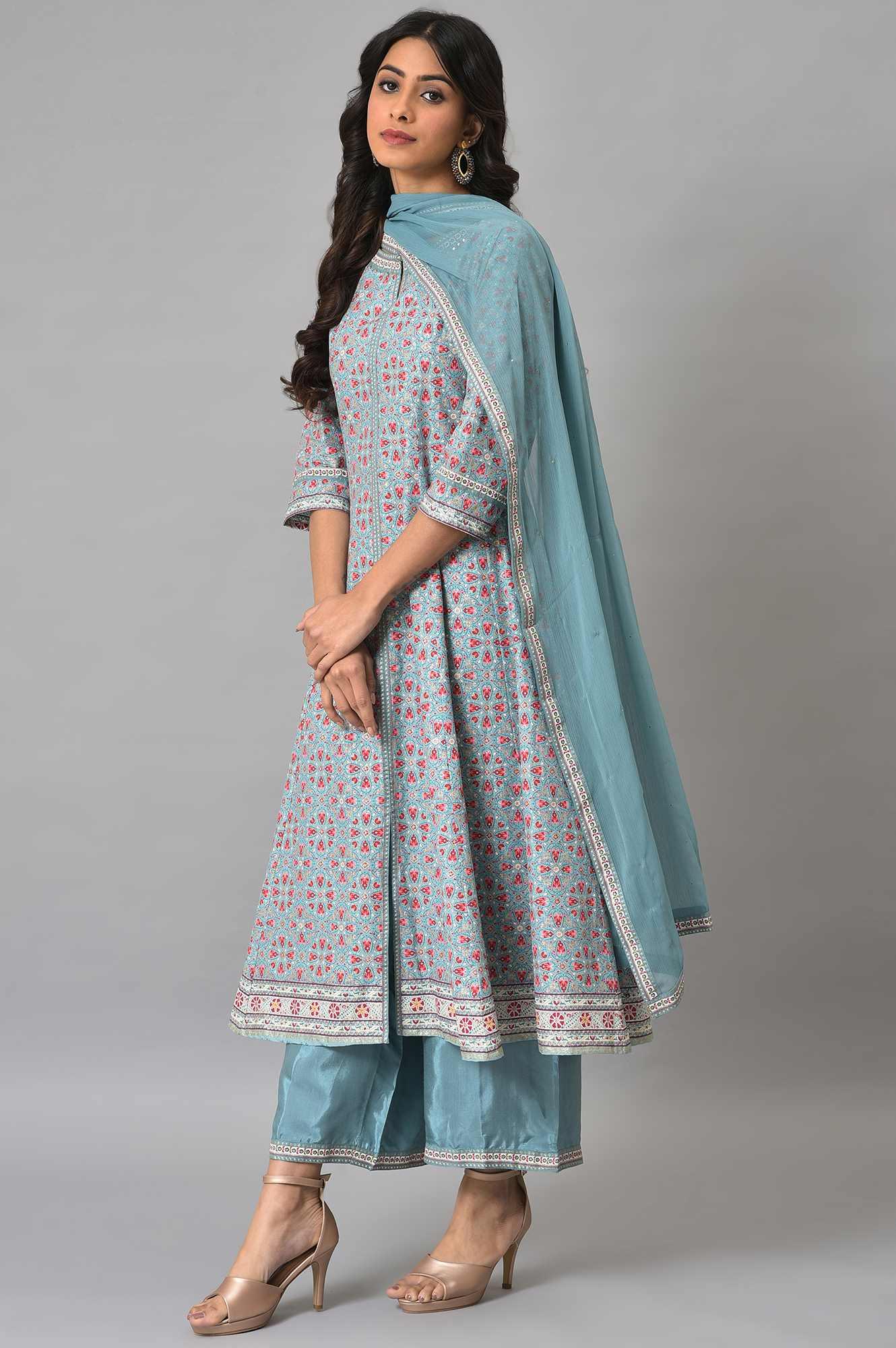 Aqua Blue Cotton Printed Flared kurta With Parallel Pants And Chiffon Dupatta - Image 3