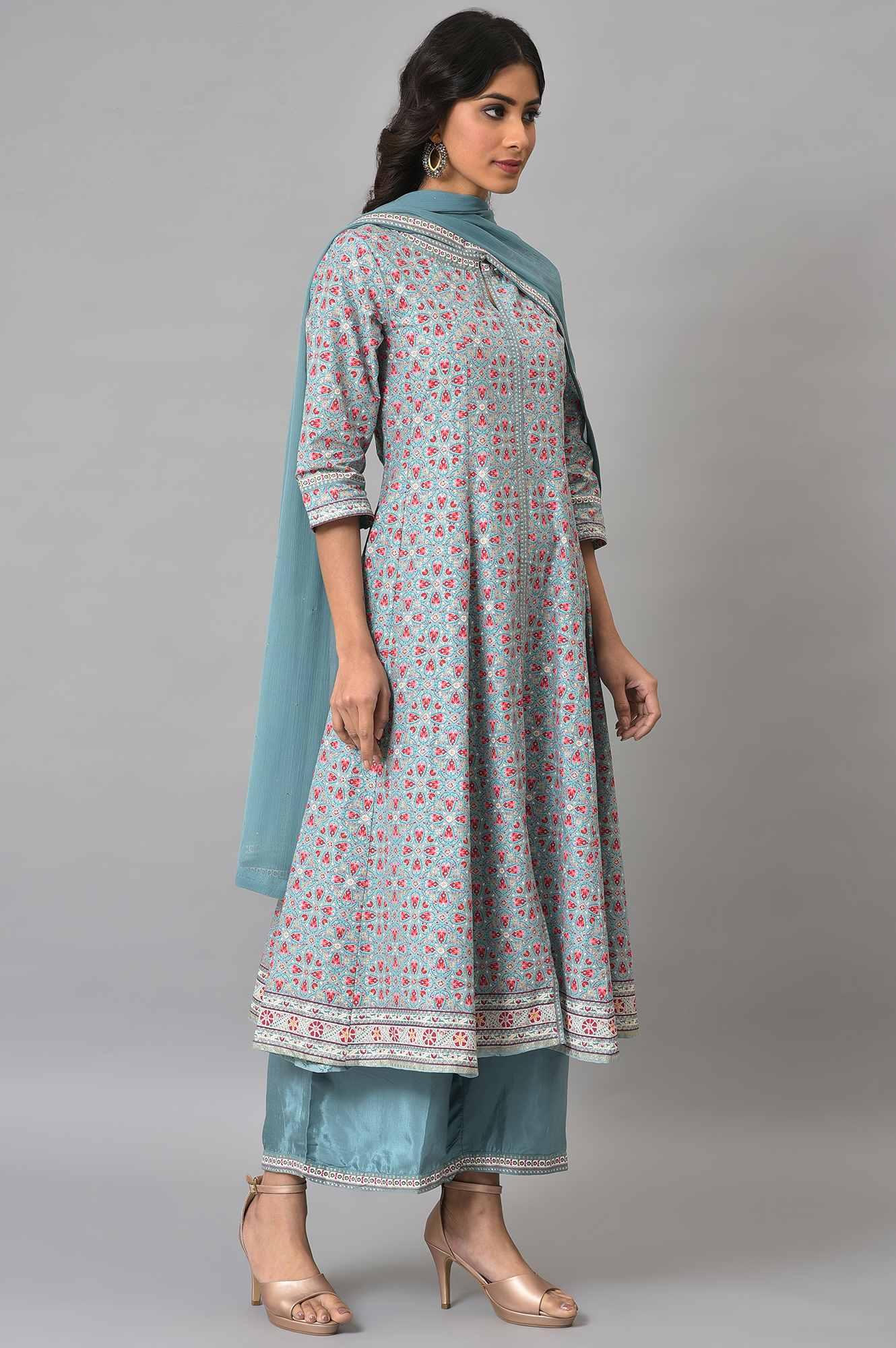 Aqua Blue Cotton Printed Flared kurta With Parallel Pants And Chiffon Dupatta - Image 4
