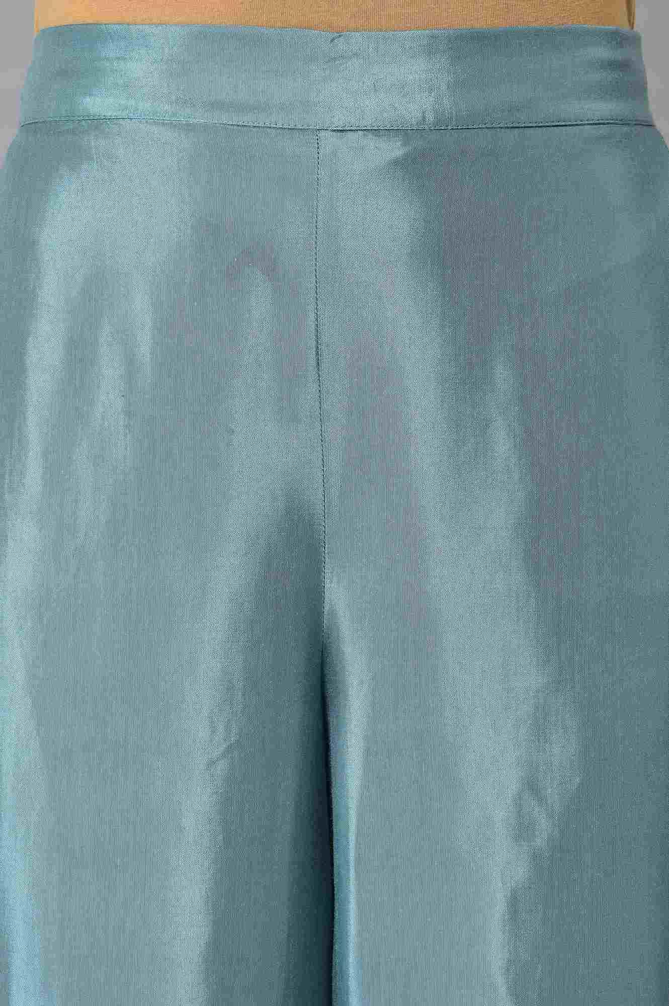 Aqua Blue Cotton Printed Flared kurta With Parallel Pants And Chiffon Dupatta - Image 6