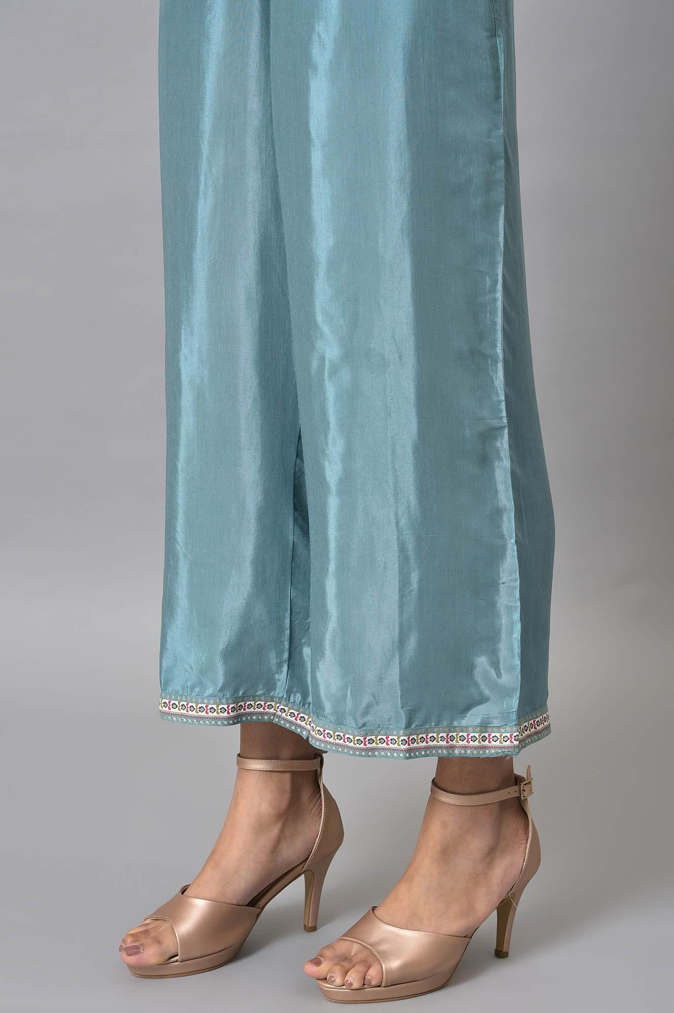 Aqua Blue Cotton Printed Flared kurta With Parallel Pants And Chiffon Dupatta - Image 8