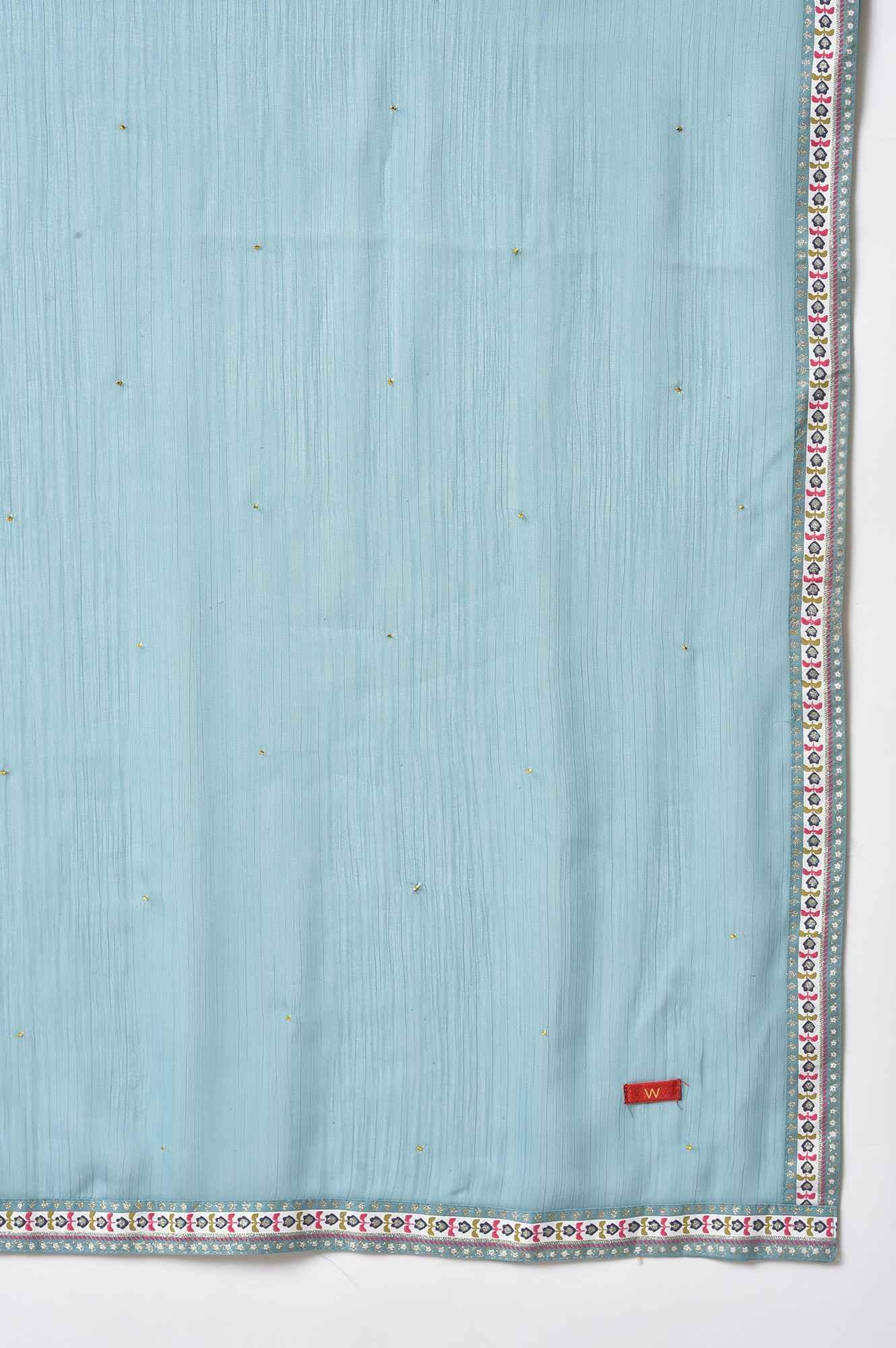 Aqua Blue Cotton Printed Flared kurta With Parallel Pants And Chiffon Dupatta - Image 9
