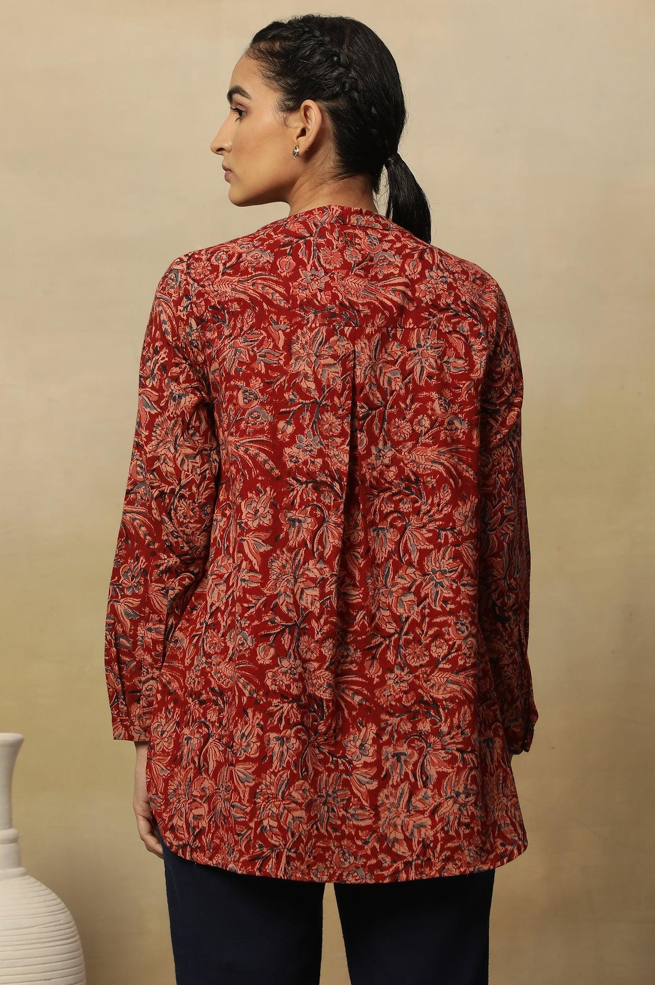 Barn Red Block Print Top In Cotton Slub - Image 3