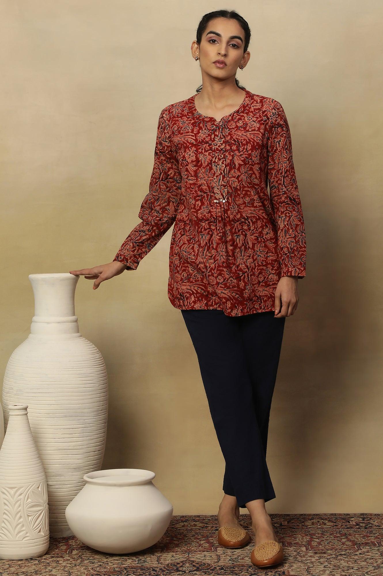 Barn Red Block Print Top In Cotton Slub - Image 5