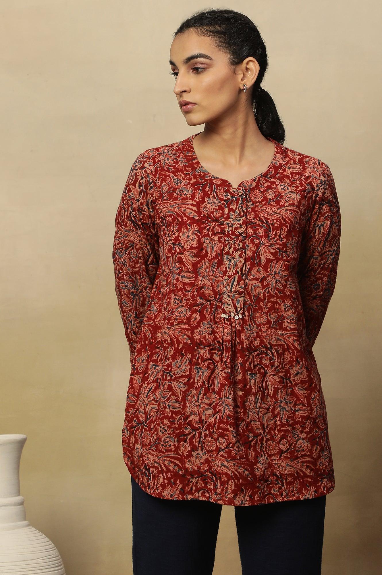 Barn Red Block Print Top In Cotton Slub - Image 6