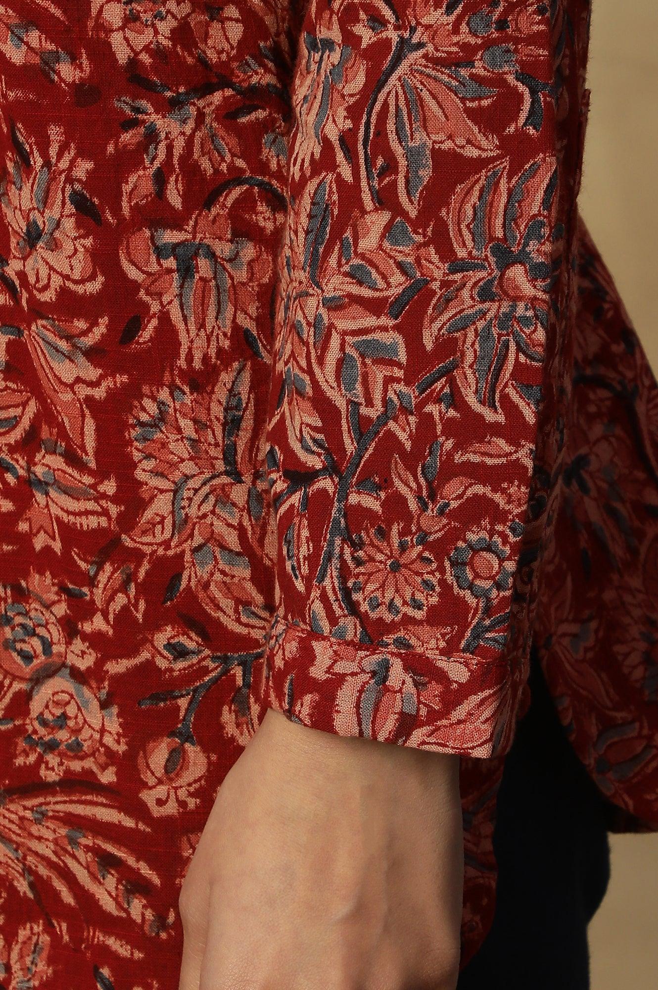 Barn Red Block Print Top In Cotton Slub - Image 8