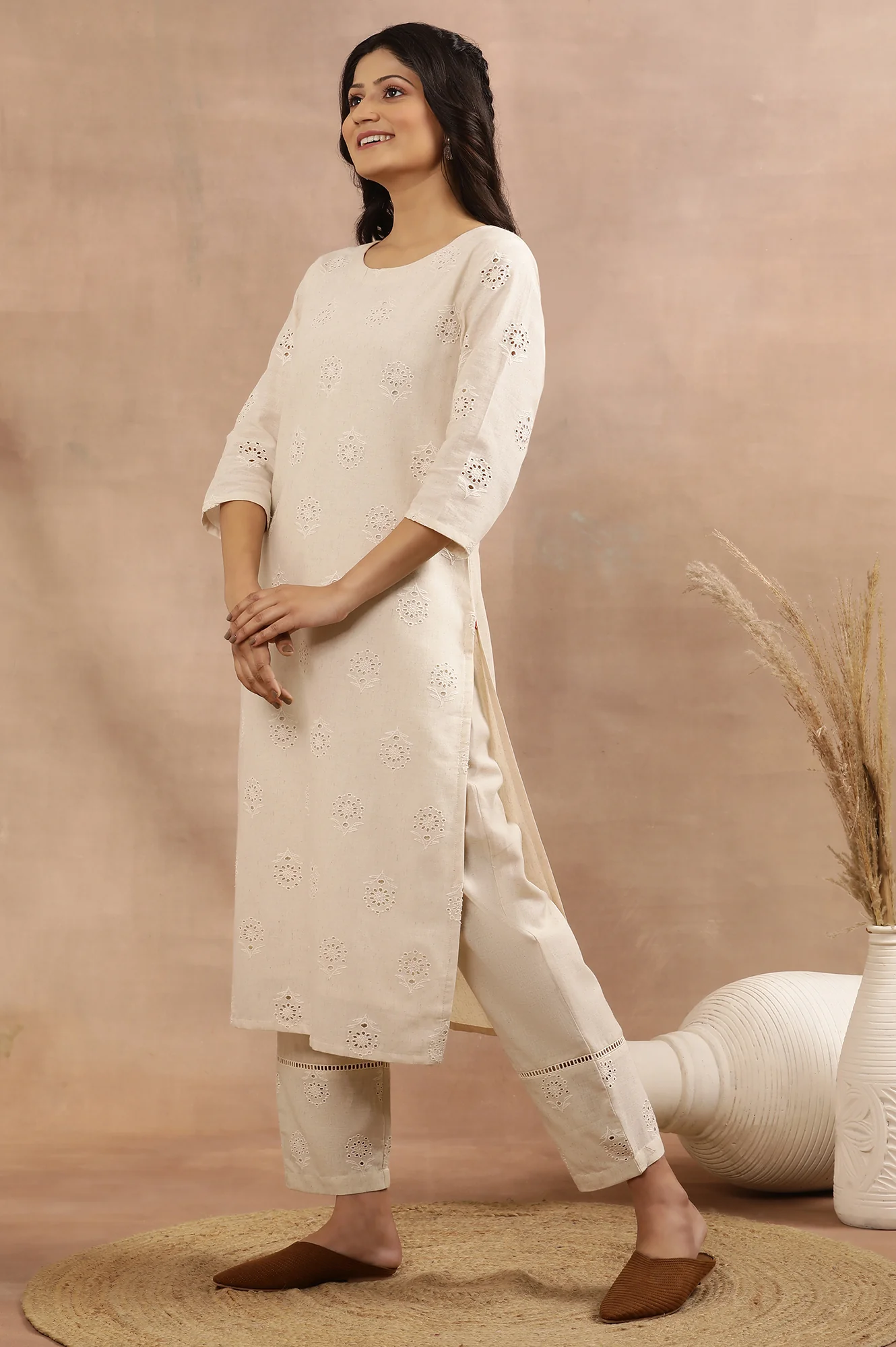 Beige Cotton Shiffli Kurta And Pants Set - Image 3