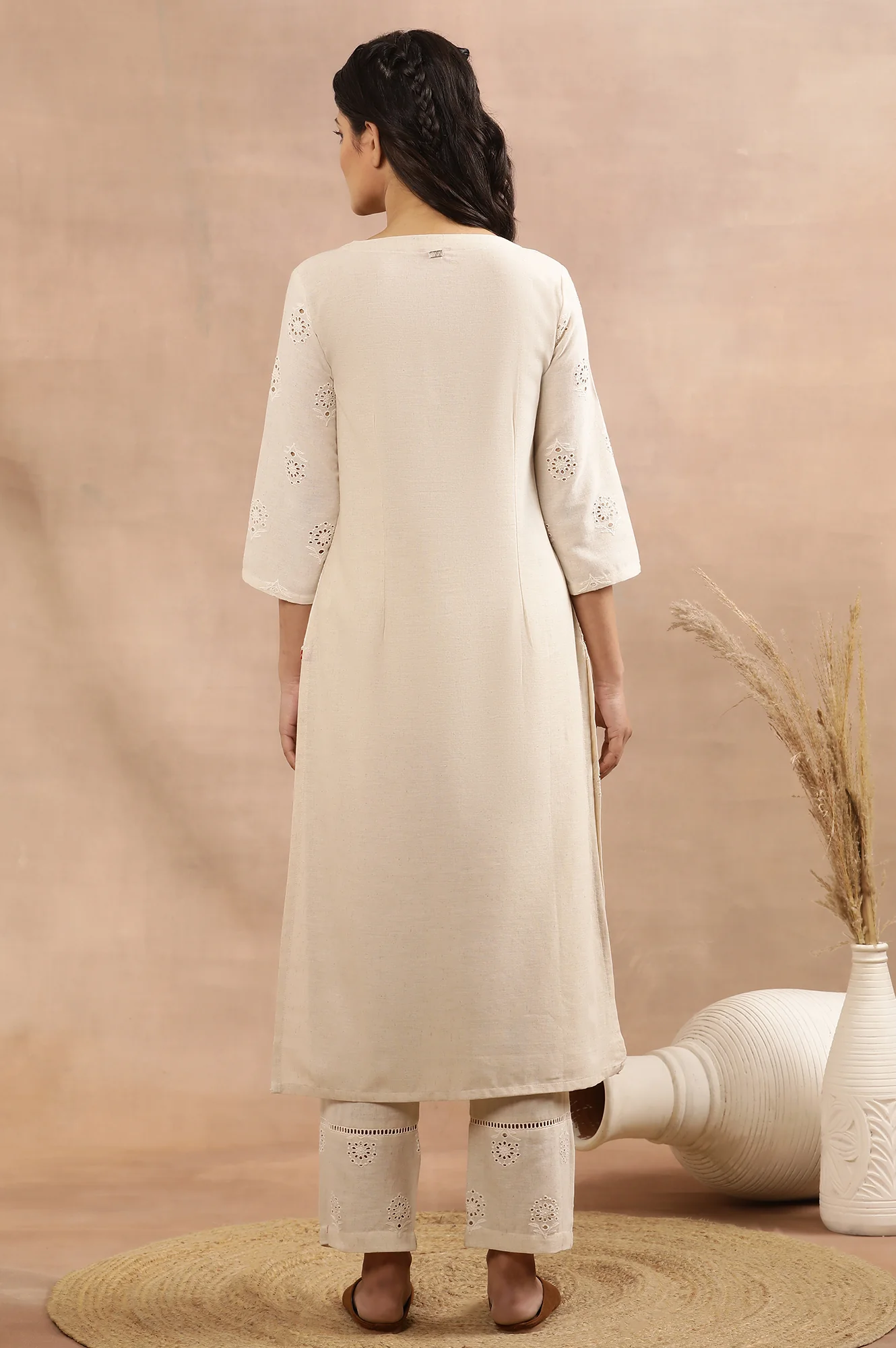 Beige Cotton Shiffli Kurta And Pants Set - Image 4
