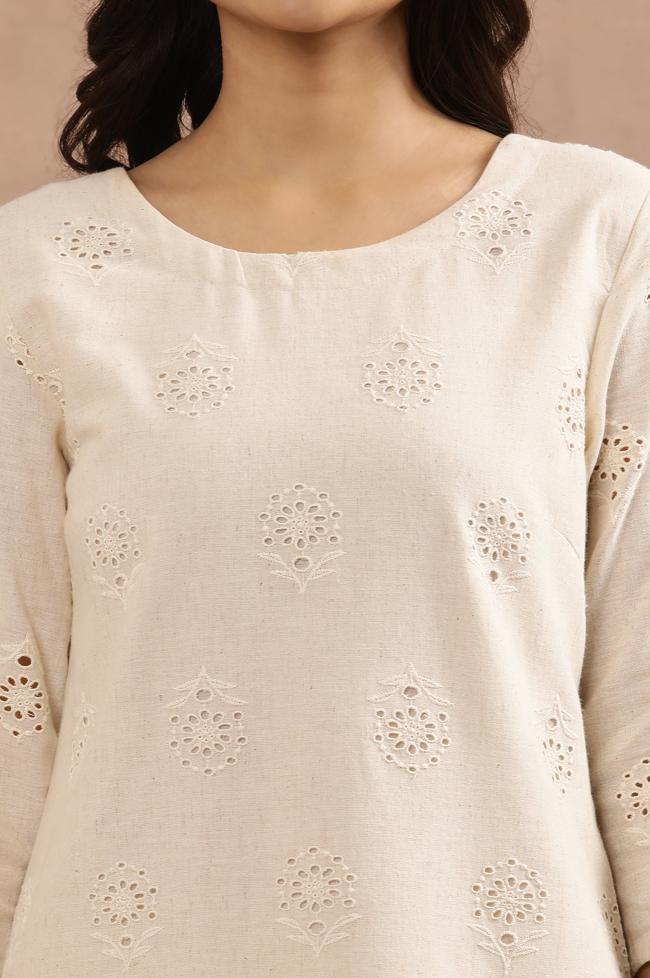 Beige Cotton Shiffli Kurta And Pants Set - Image 6
