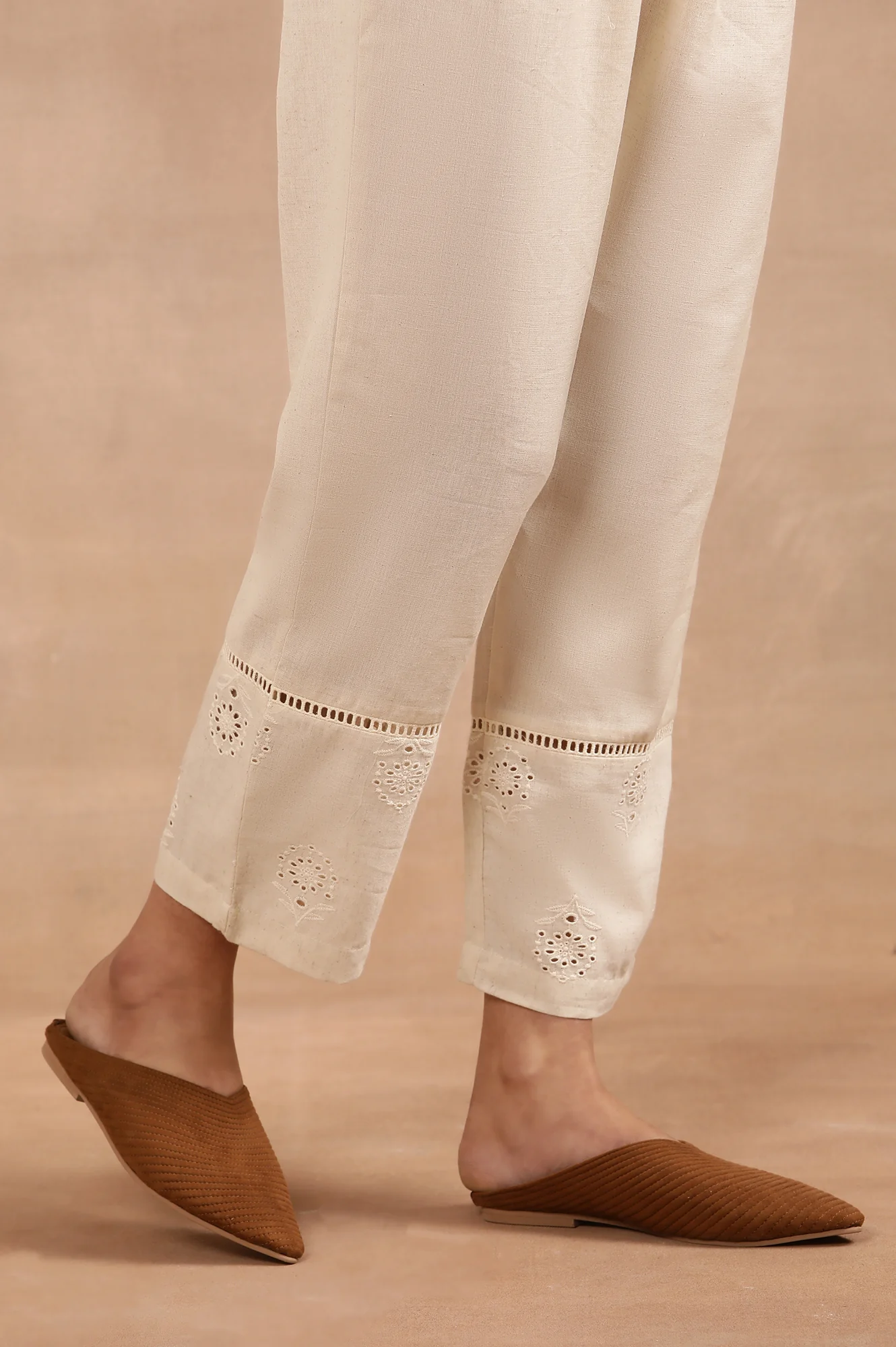 Beige Cotton Shiffli Kurta And Pants Set - Image 9