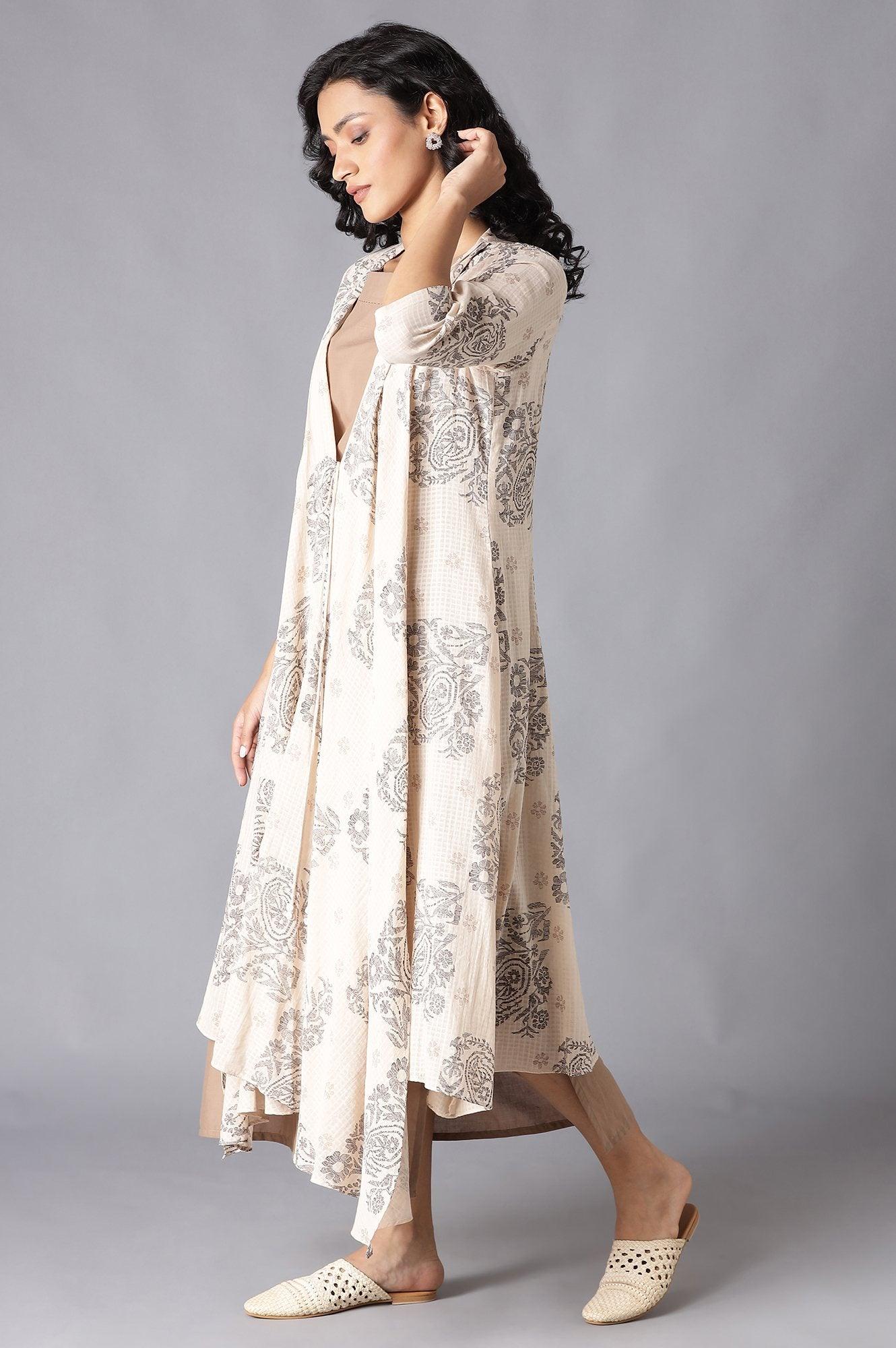 Beige draped Jacket With Straight Solid kurta - Image 3