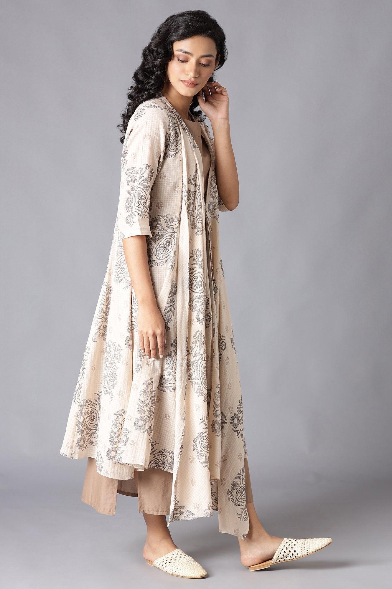 Beige draped Jacket With Straight Solid kurta - Image 4
