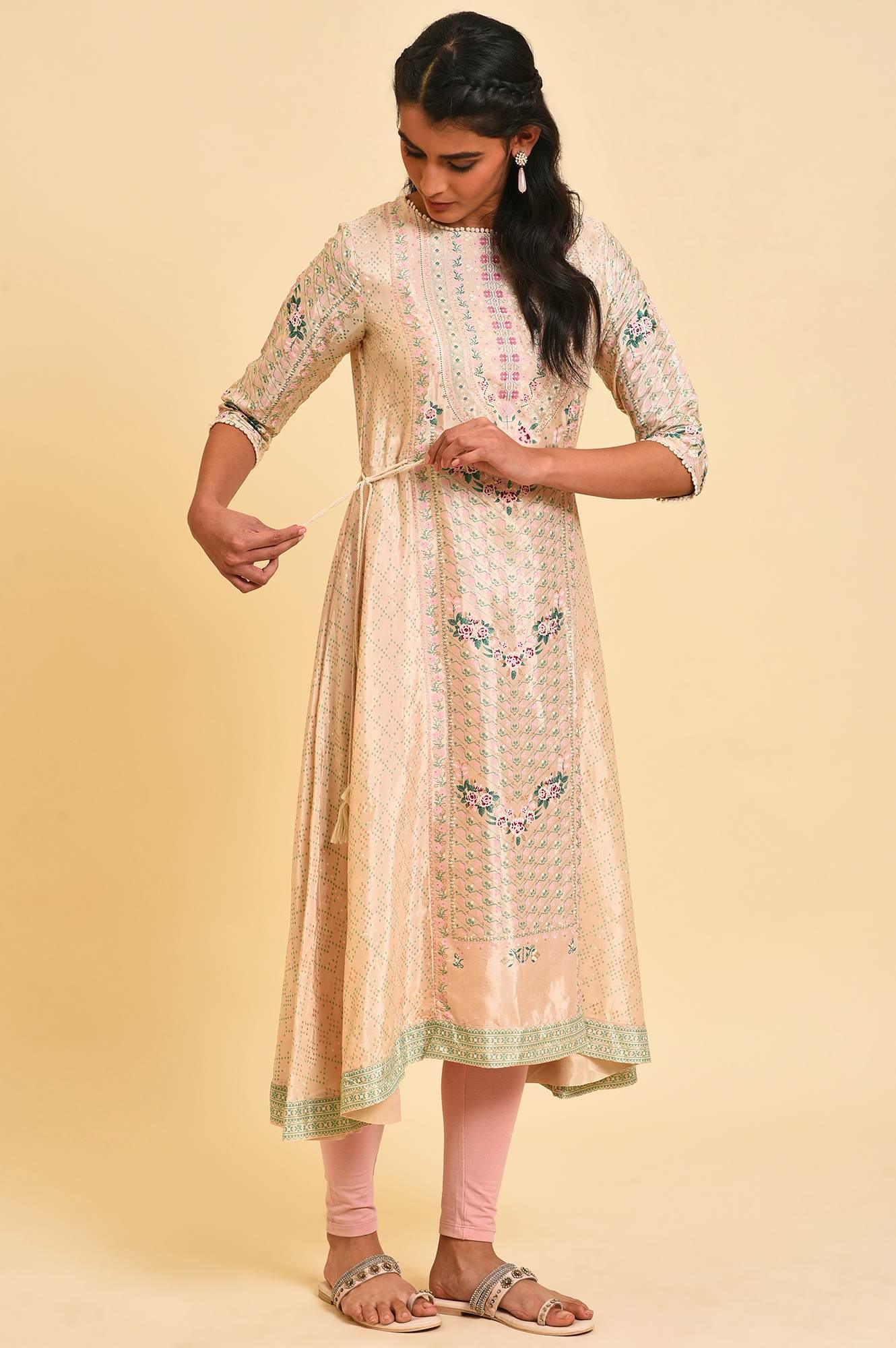 Beige Festive Asymmetric kurta Set - Image 4