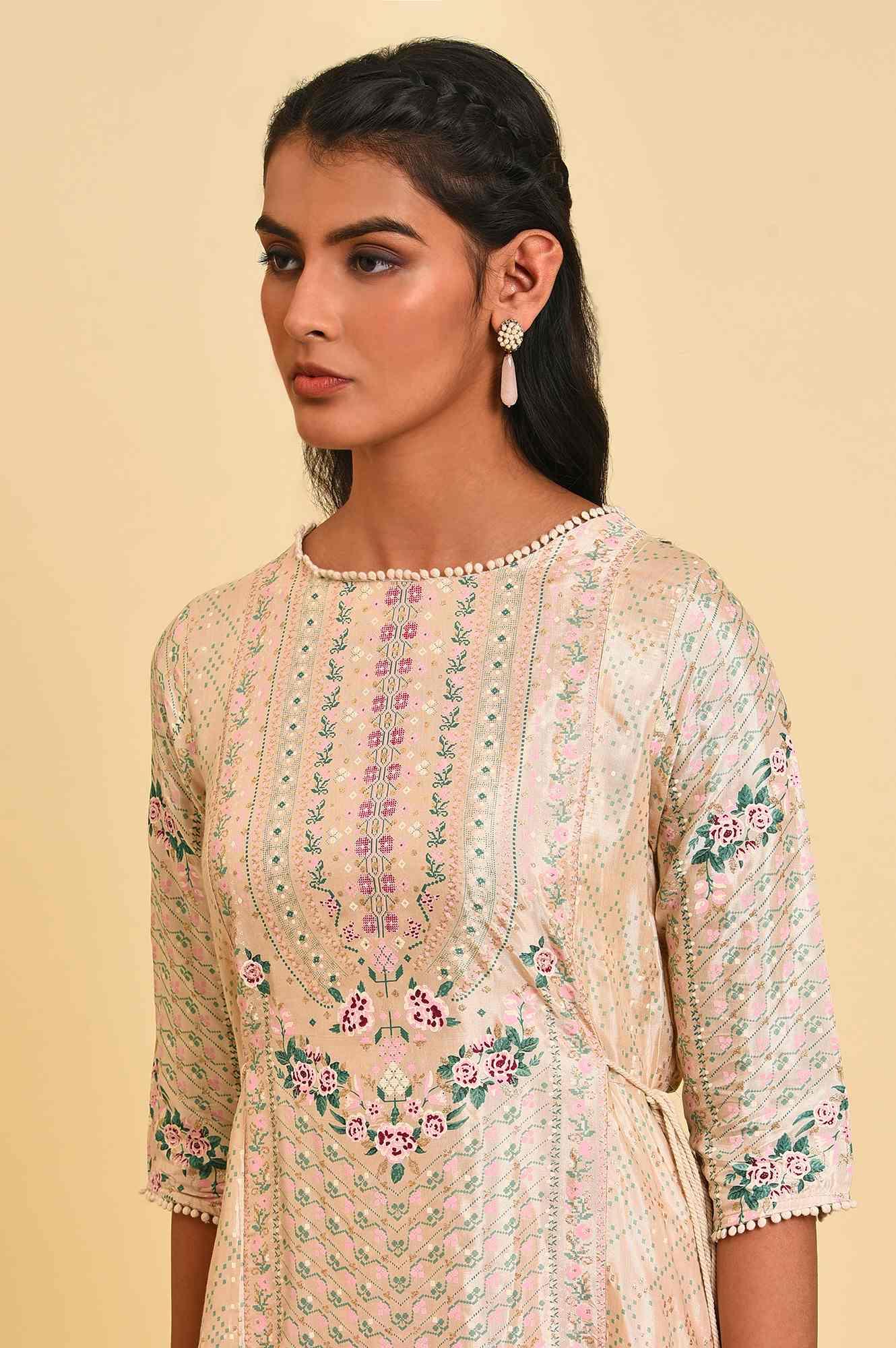 Beige Festive Asymmetric kurta Set - Image 5