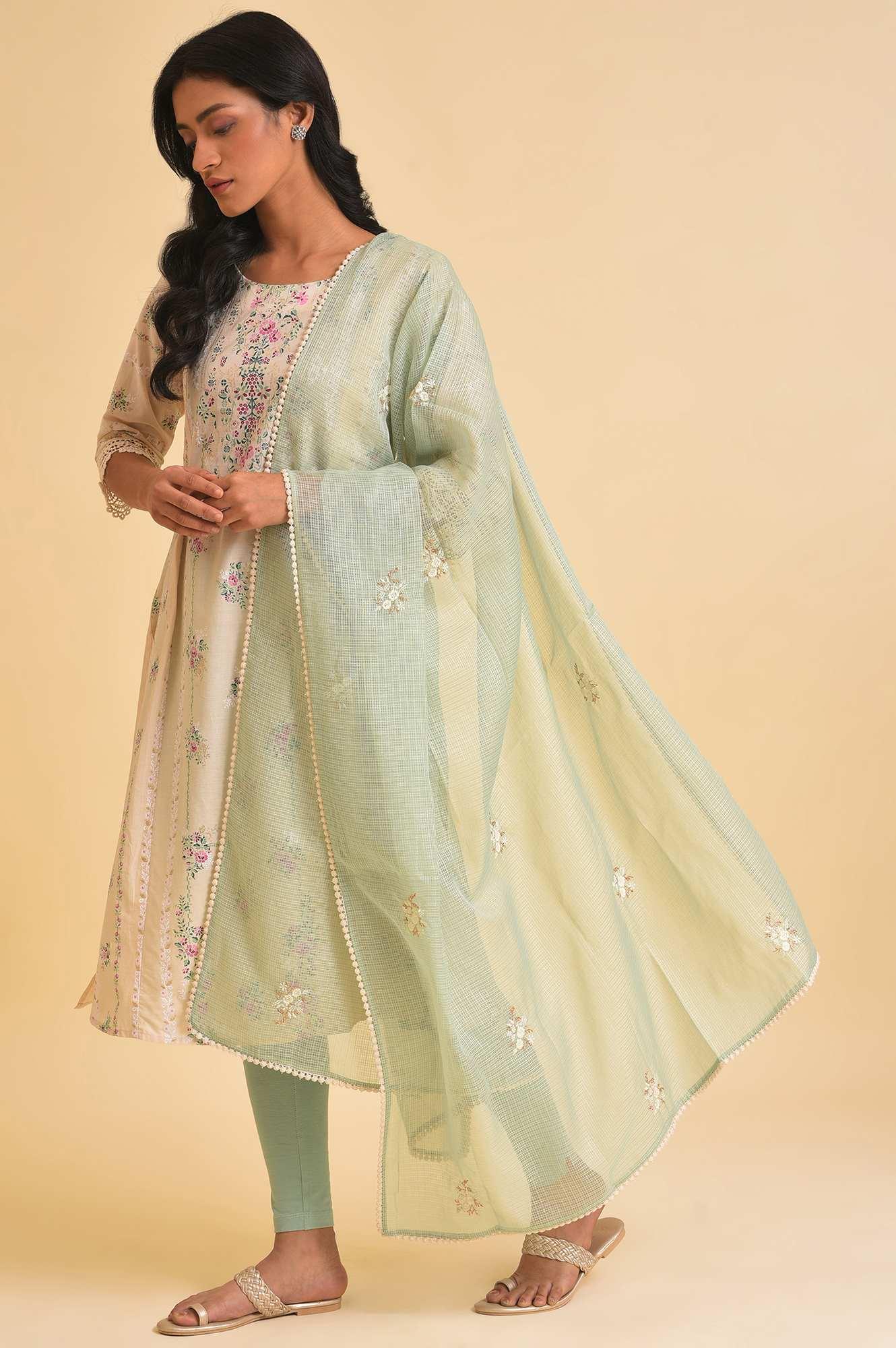 Beige Floral Print kurta, Tights & Dupatta Set - Image 3