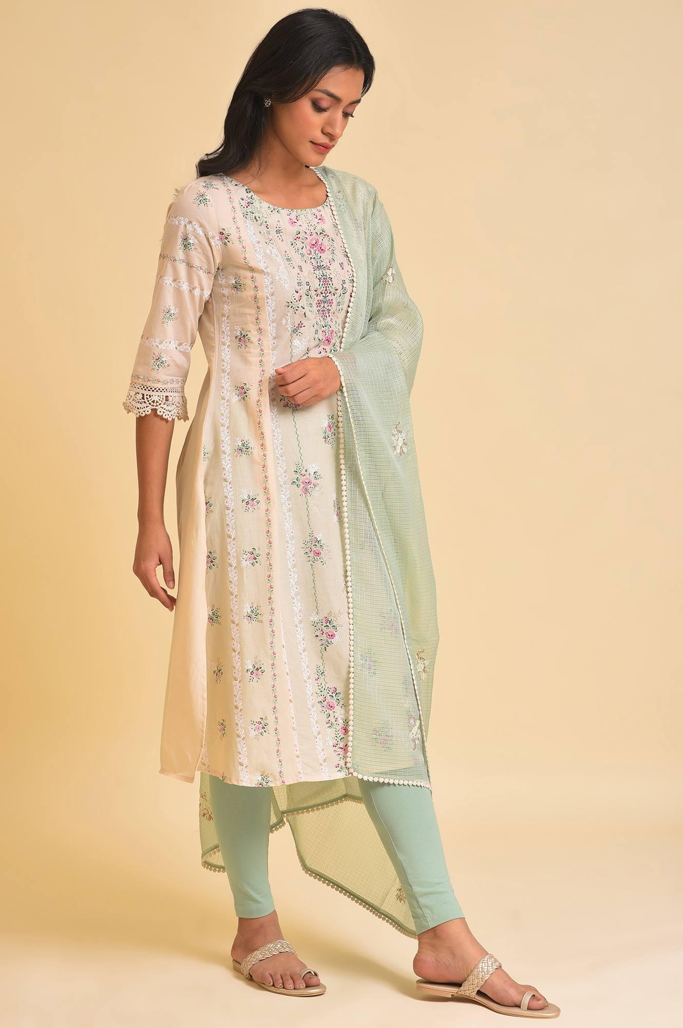Beige Floral Print kurta, Tights & Dupatta Set - Image 4