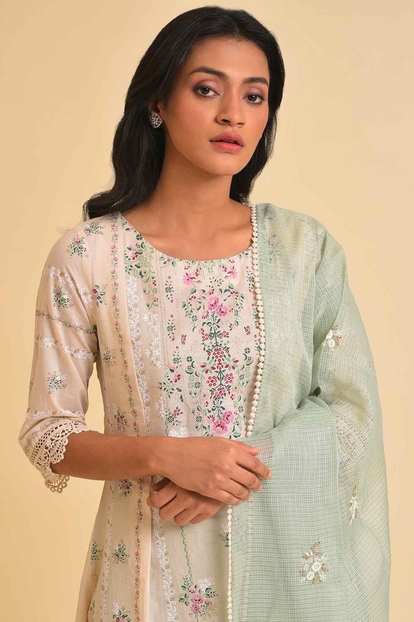 Beige Floral Print kurta, Tights & Dupatta Set - Image 5
