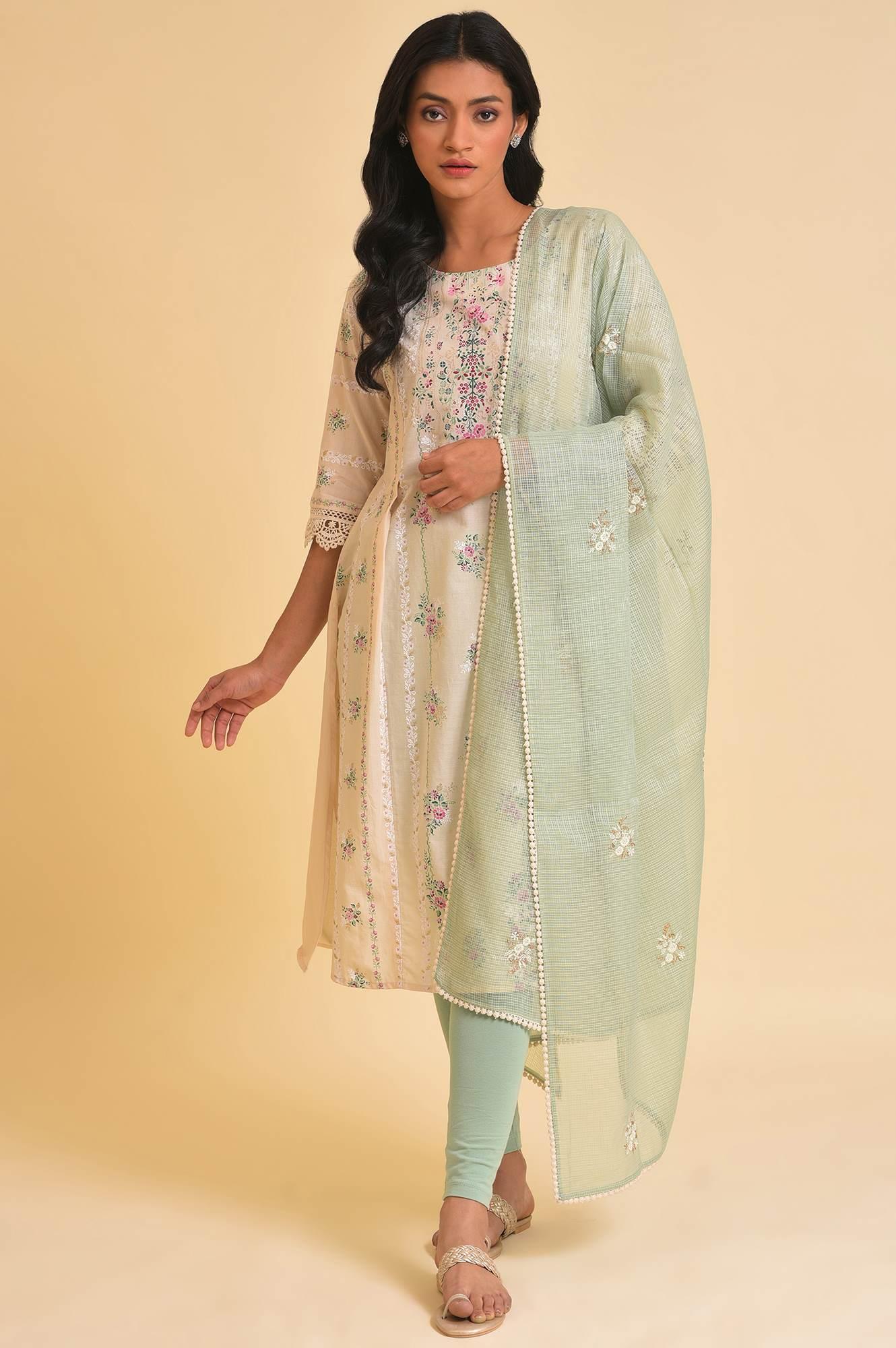 Beige Floral Print kurta, Tights & Dupatta Set - Image 9