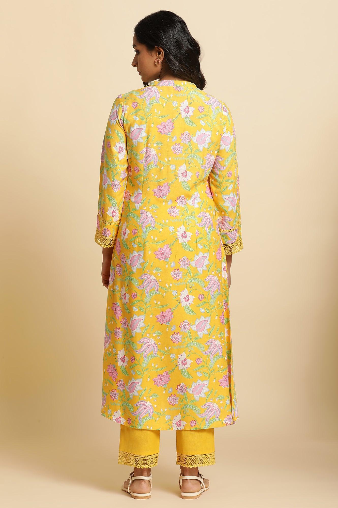Bright Yellow Floral Printed Kurta & Pants Set - Image 3