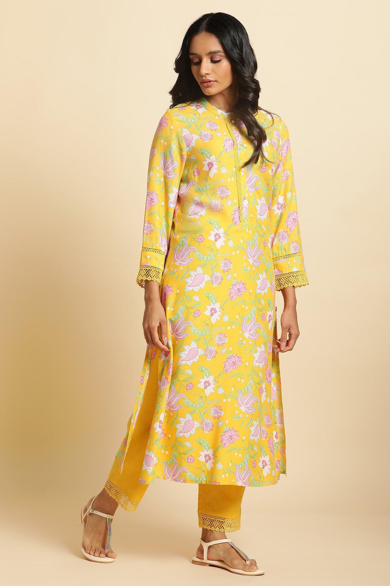 Bright Yellow Floral Printed Kurta & Pants Set - Image 4