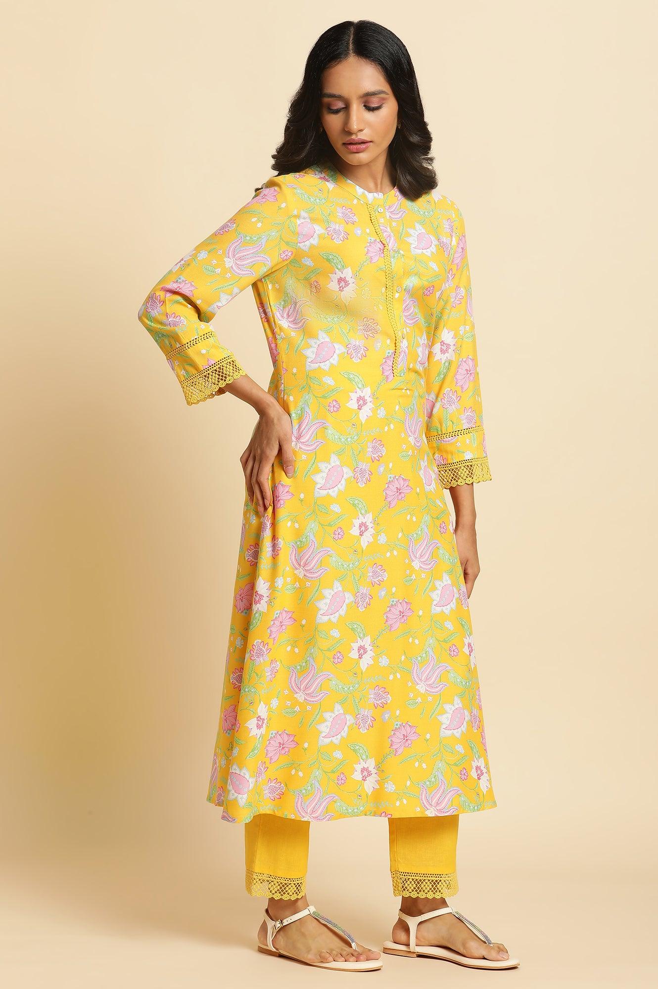 Bright Yellow Floral Printed Kurta & Pants Set - Image 5