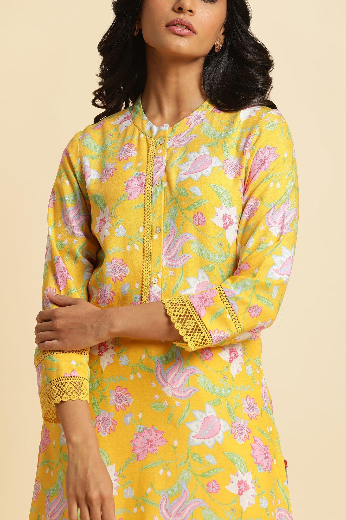 Bright Yellow Floral Printed Kurta & Pants Set - Image 6