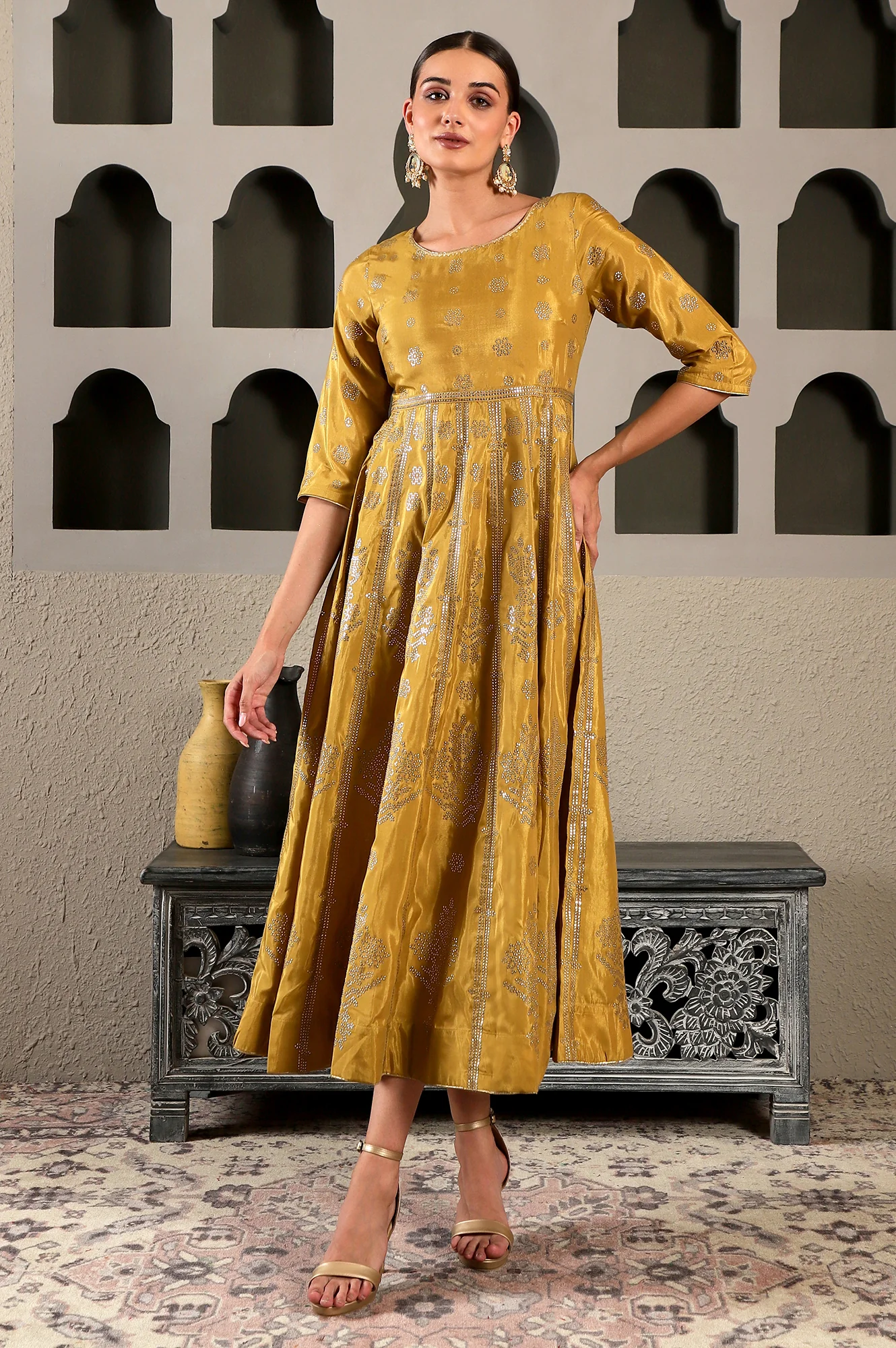 Yellow Mukaish Printed Embellished Shatung Anarkali Dress - Image 3