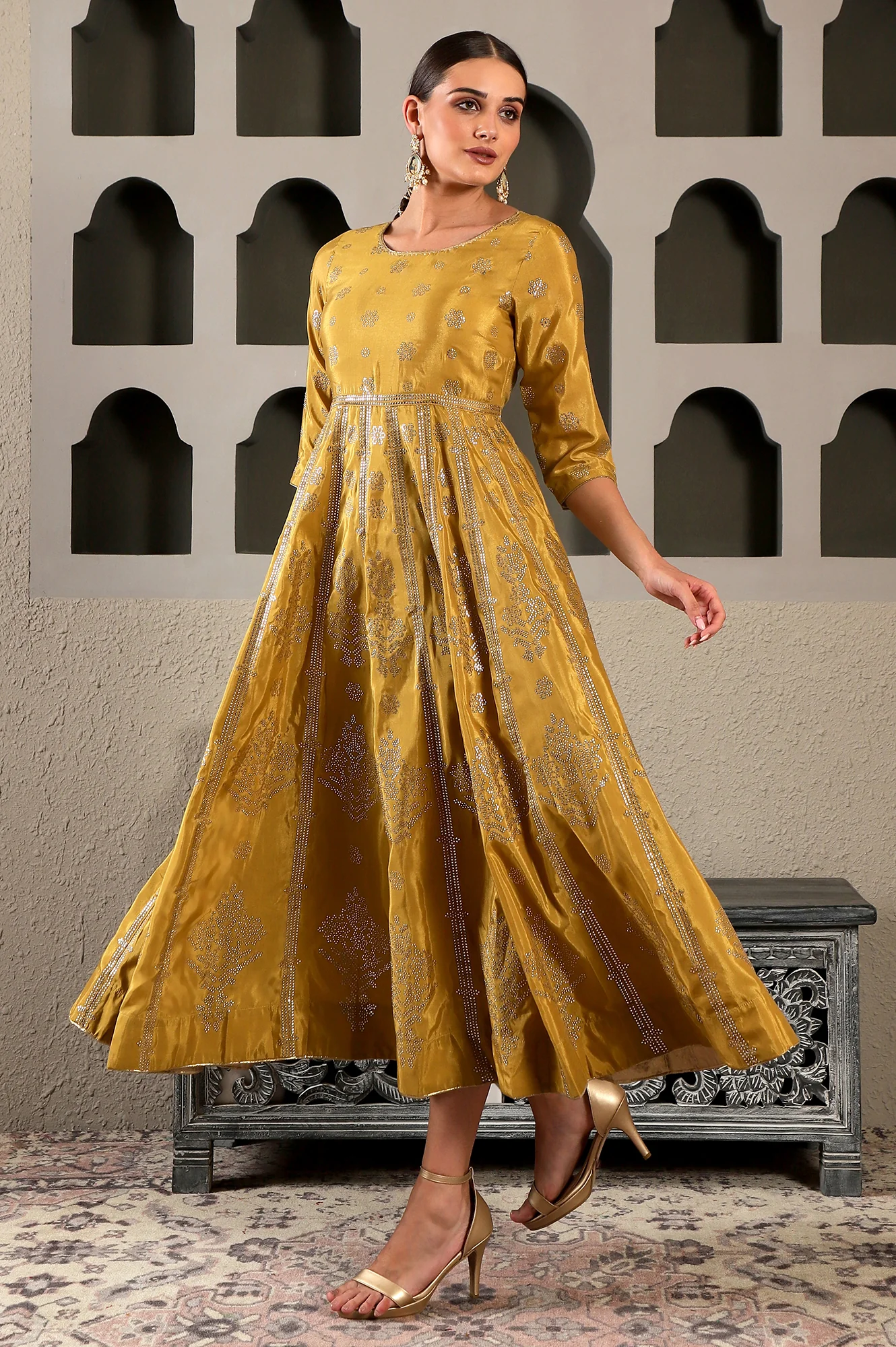 Yellow Mukaish Printed Embellished Shatung Anarkali Dress - Image 5