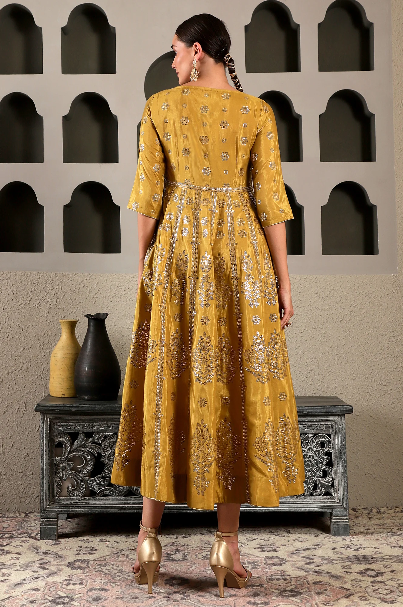 Yellow Mukaish Printed Embellished Shatung Anarkali Dress - Image 6
