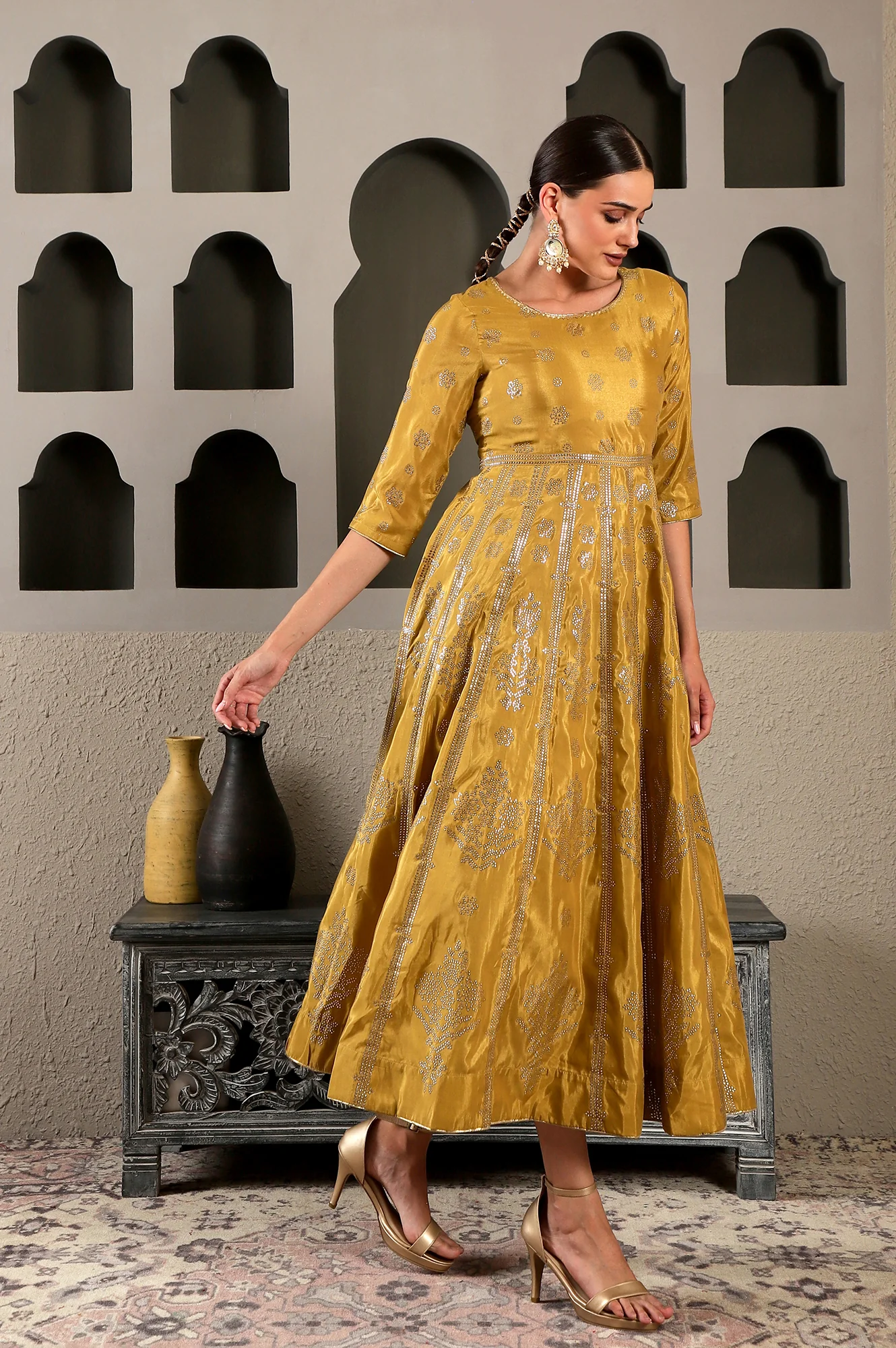 Yellow Mukaish Printed Embellished Shatung Anarkali Dress - Image 7