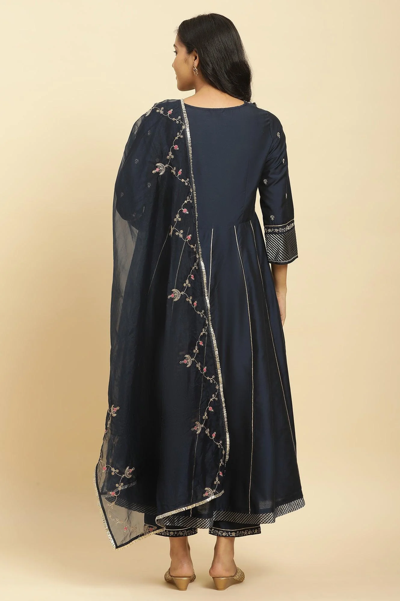 Dark Blue Zari Embroidered Festive Kurta, Pants and Dupatta Set - Image 5