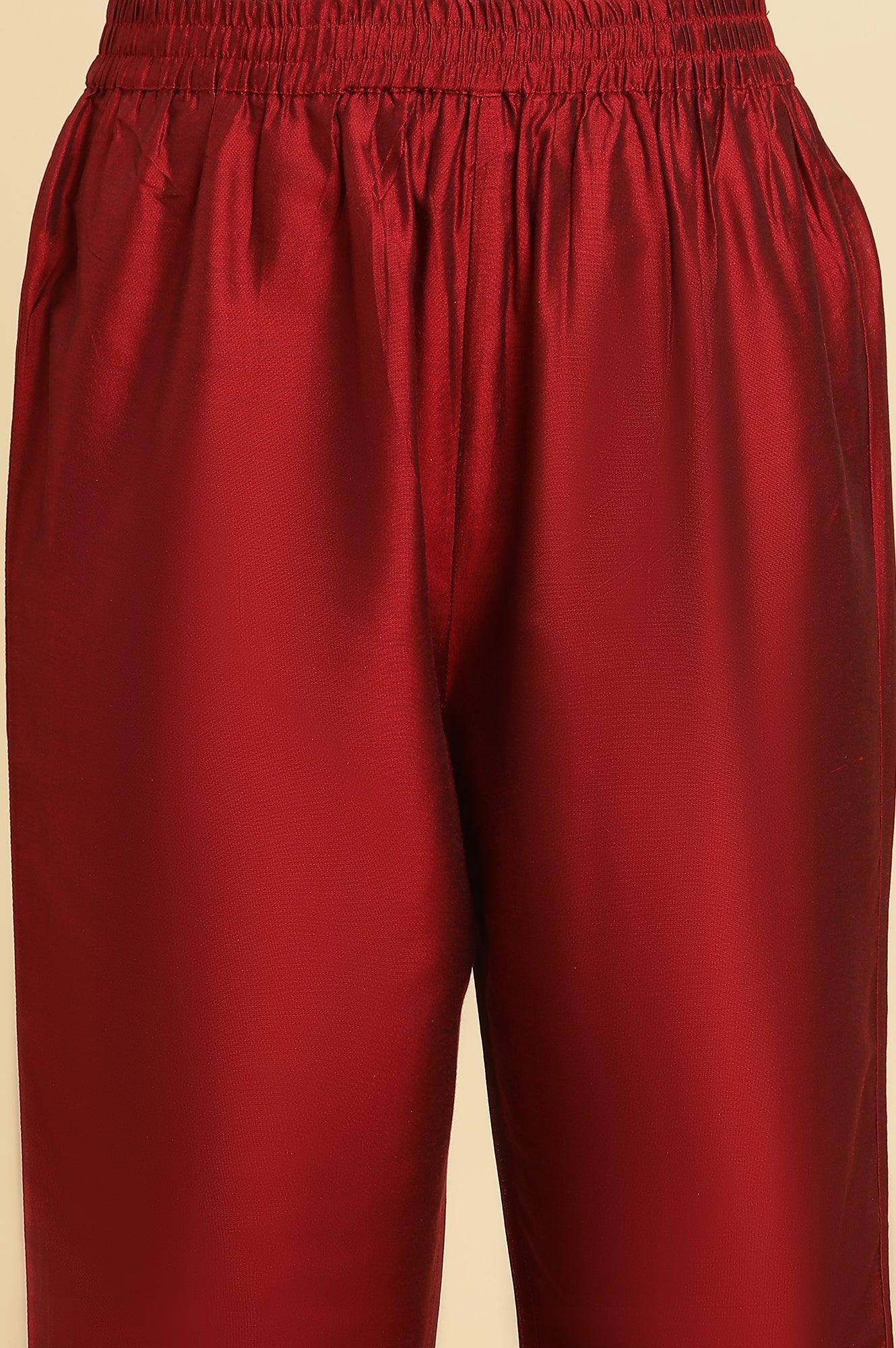 Dark Red Zari Embroidered Festive Kurta, Pant And Dupatta Set - Image 9