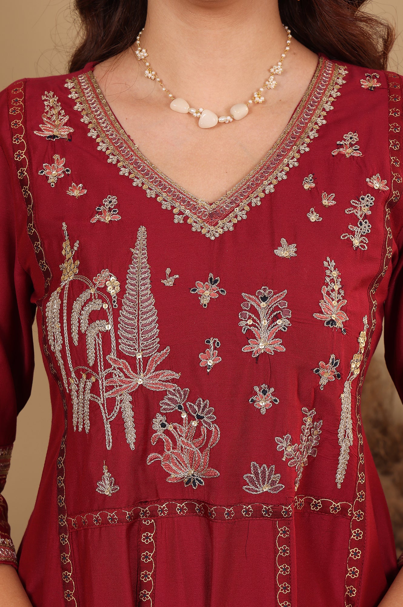 Deep Red Embroidered Anarkali Dress - Image 3