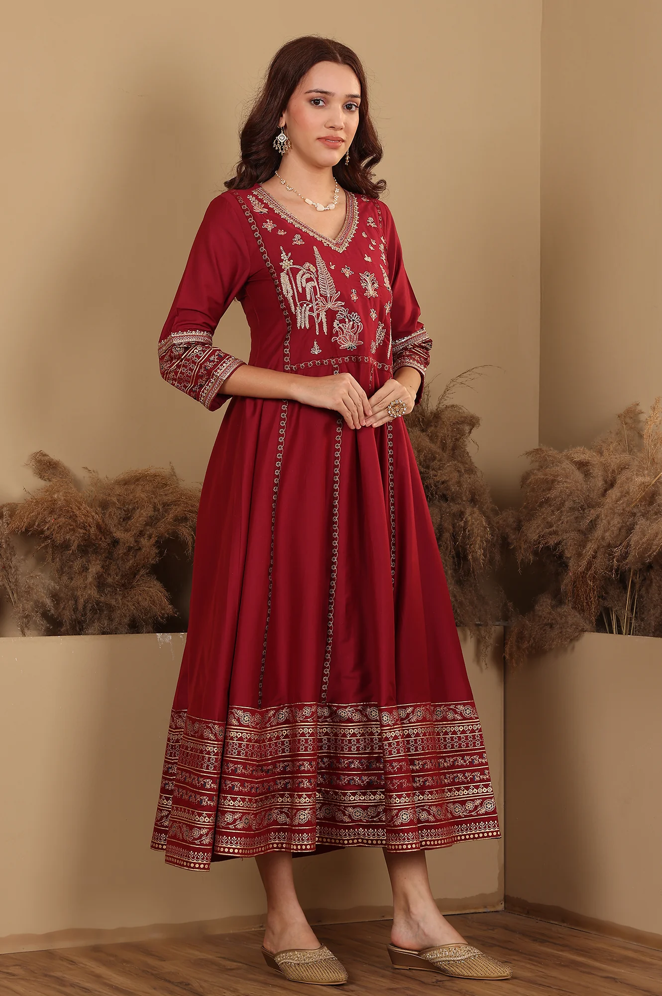 Deep Red Embroidered Anarkali Dress - Image 4