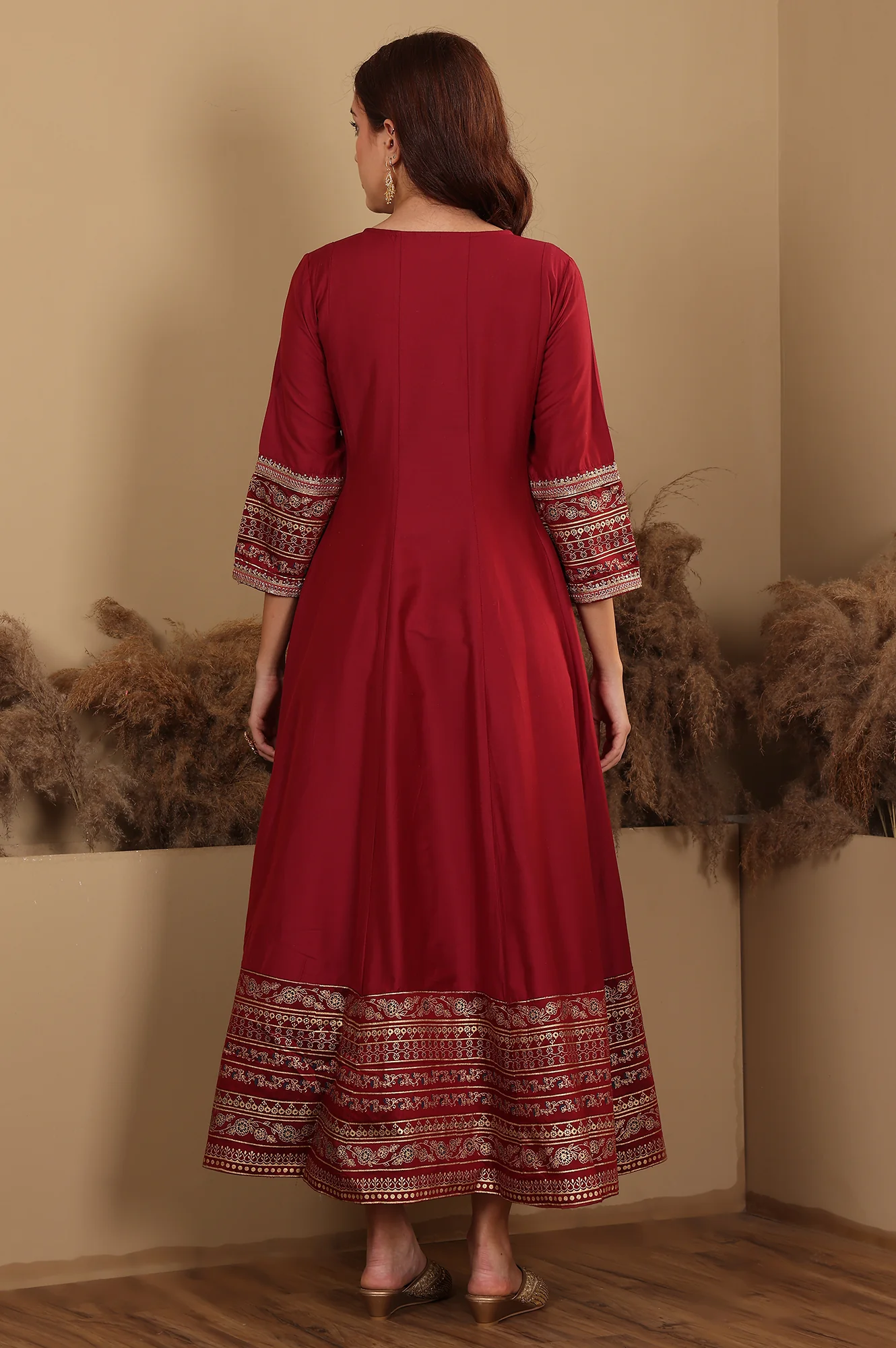 Deep Red Embroidered Anarkali Dress - Image 5