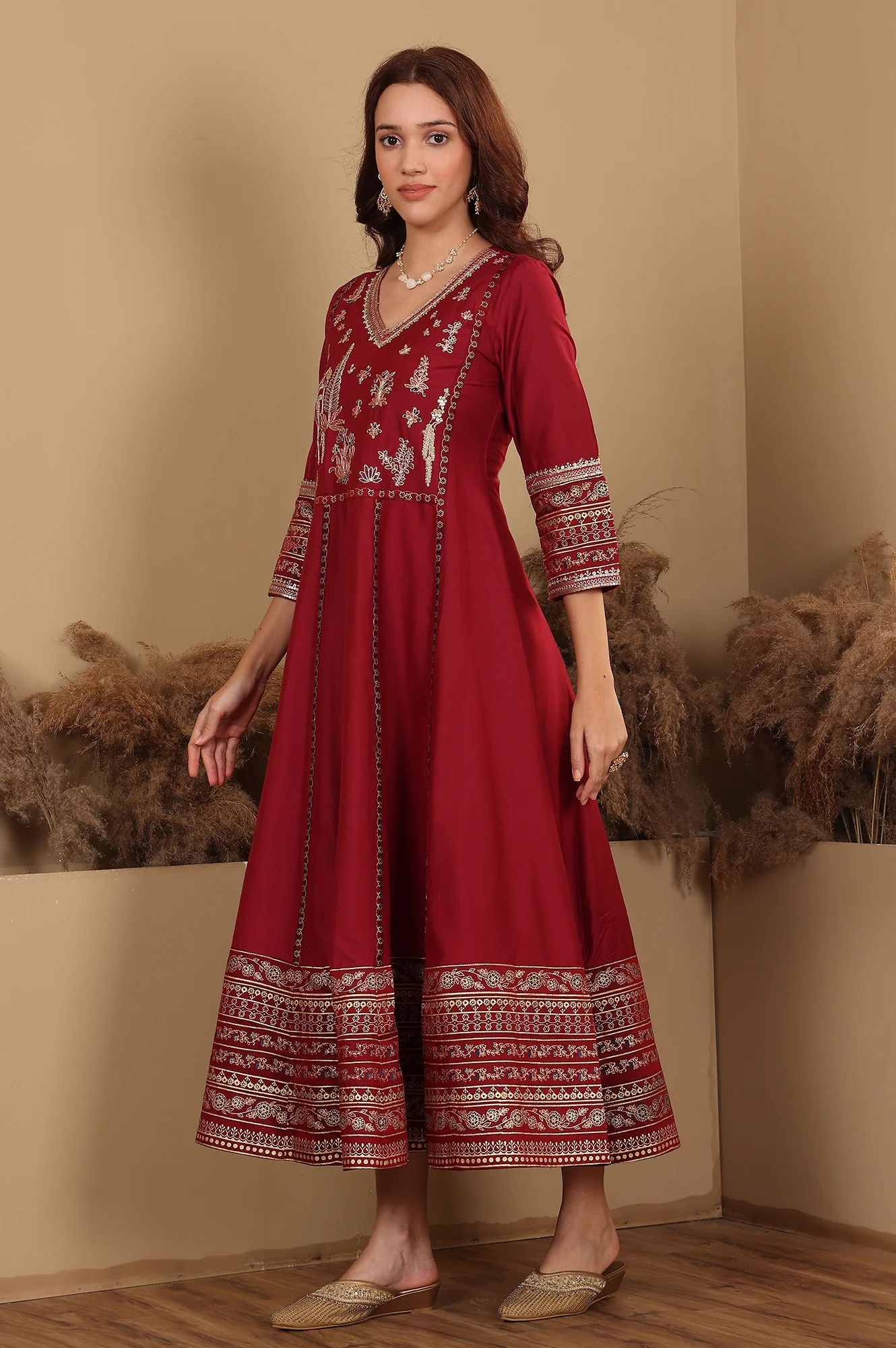 Deep Red Embroidered Anarkali Dress - Image 6