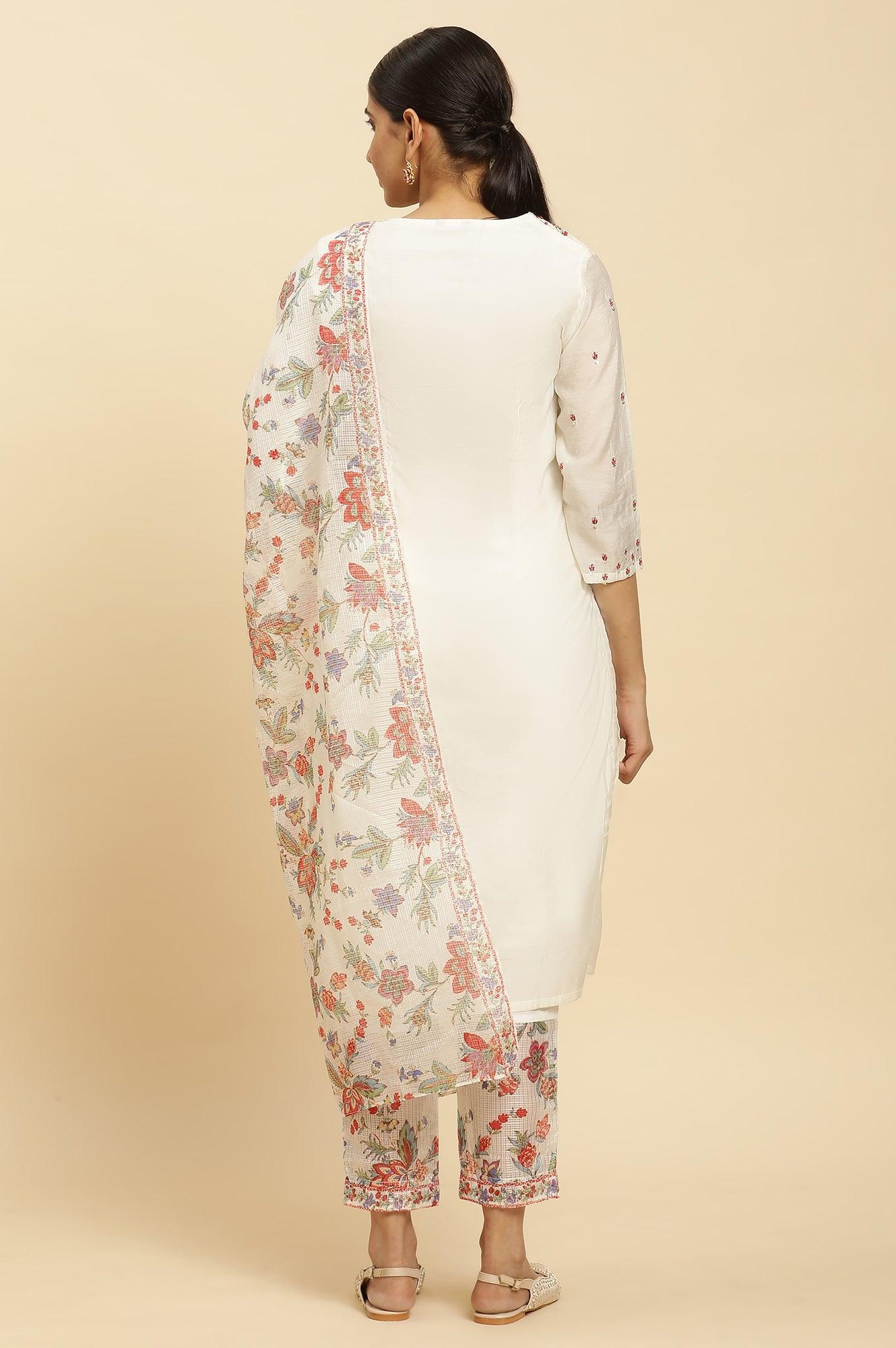 Ecru Chanderi Embroidered Kurta Set with Slim Pants and Dupatta - Image 10