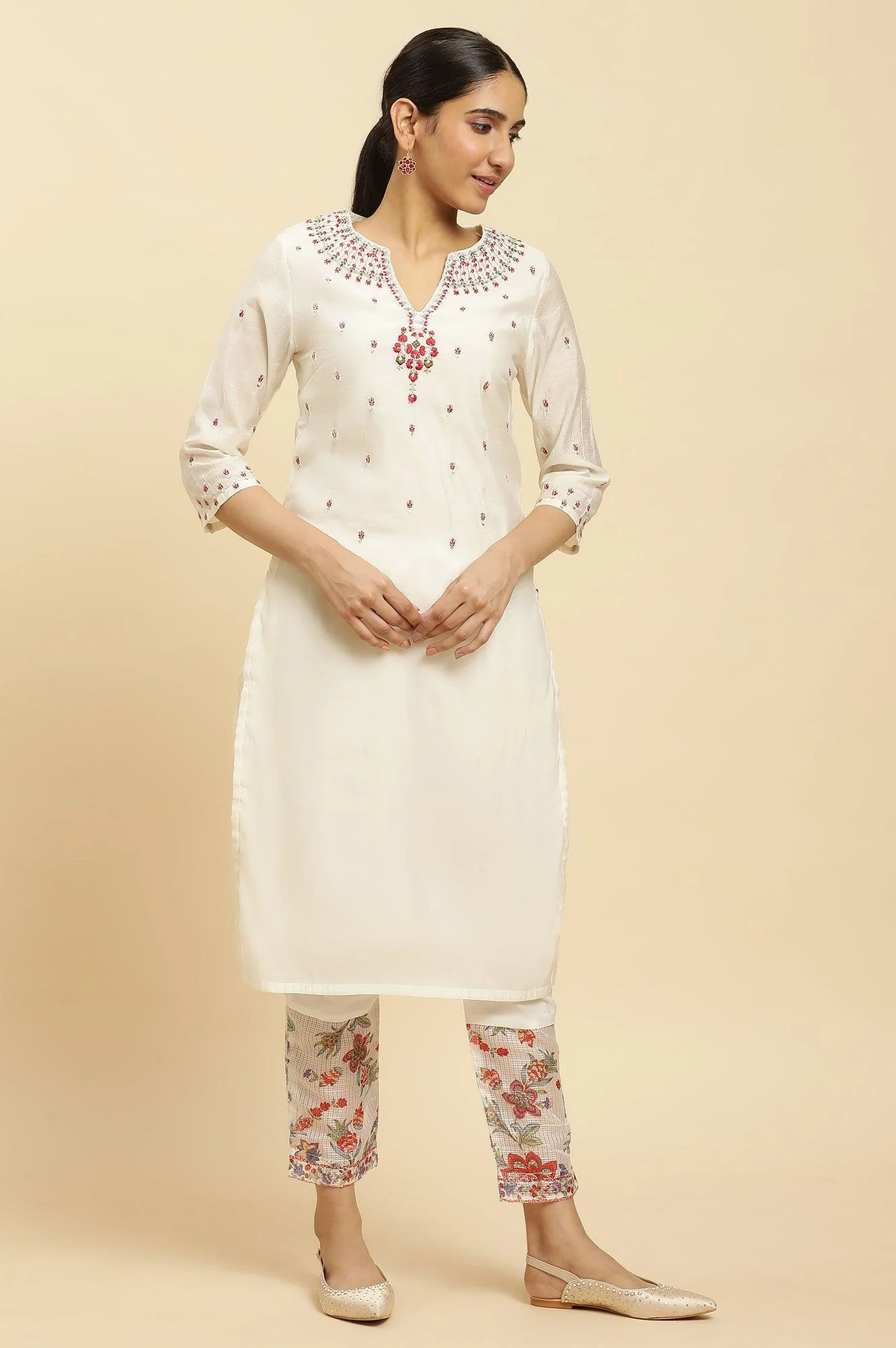 Ecru Chanderi Embroidered Kurta Set with Slim Pants and Dupatta - Image 11