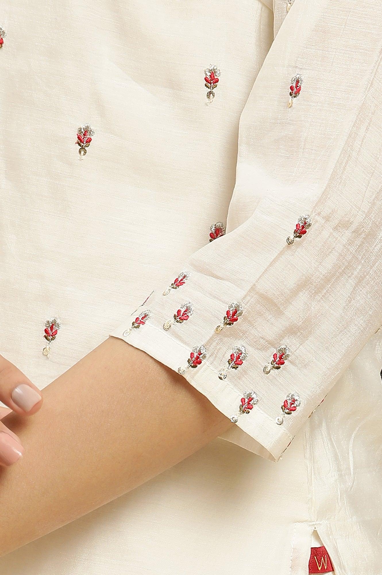 Ecru Chanderi Embroidered Kurta Set with Slim Pants and Dupatta - Image 13