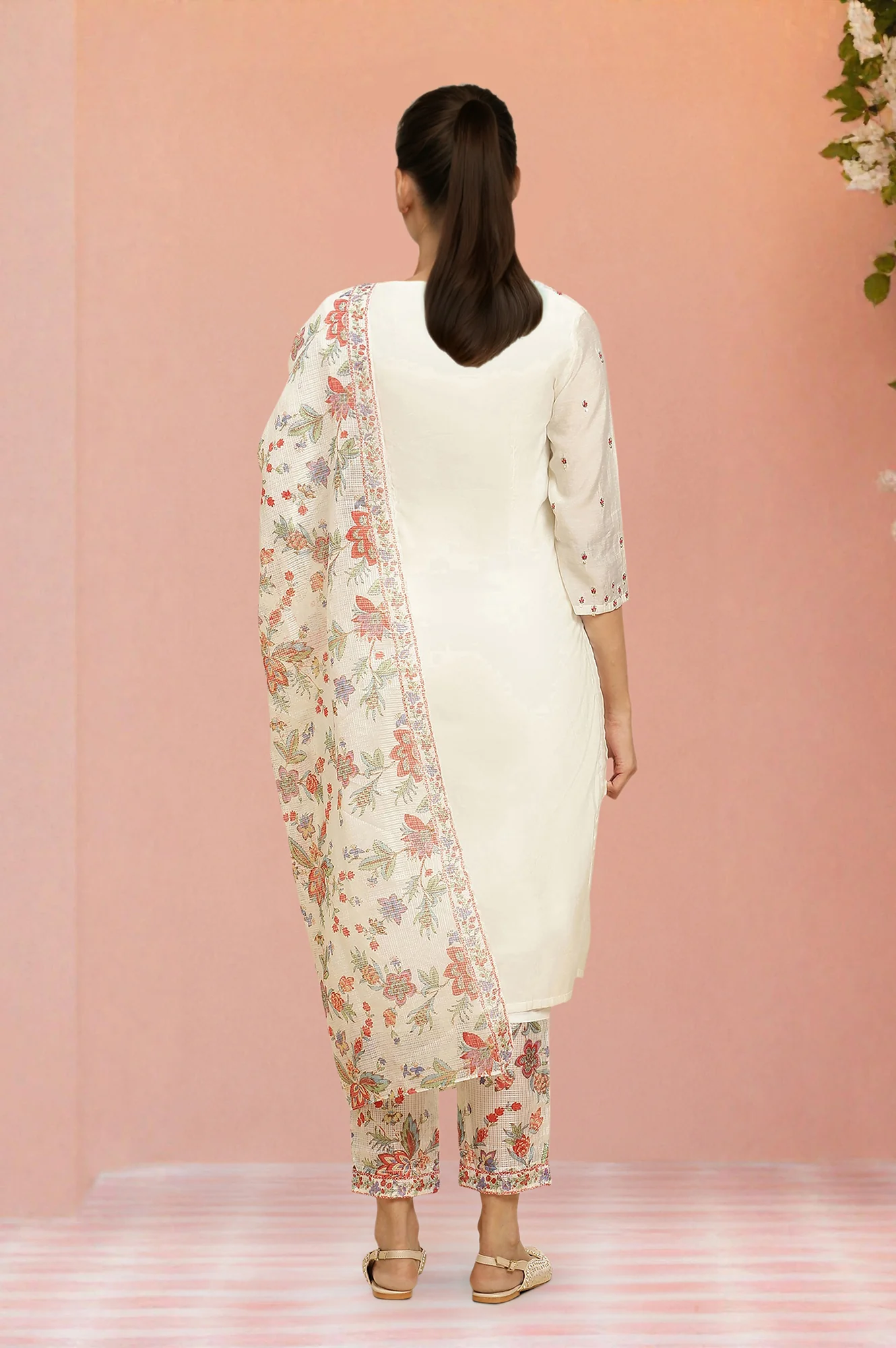 Ecru Chanderi Embroidered Kurta Set with Slim Pants and Dupatta - Image 5