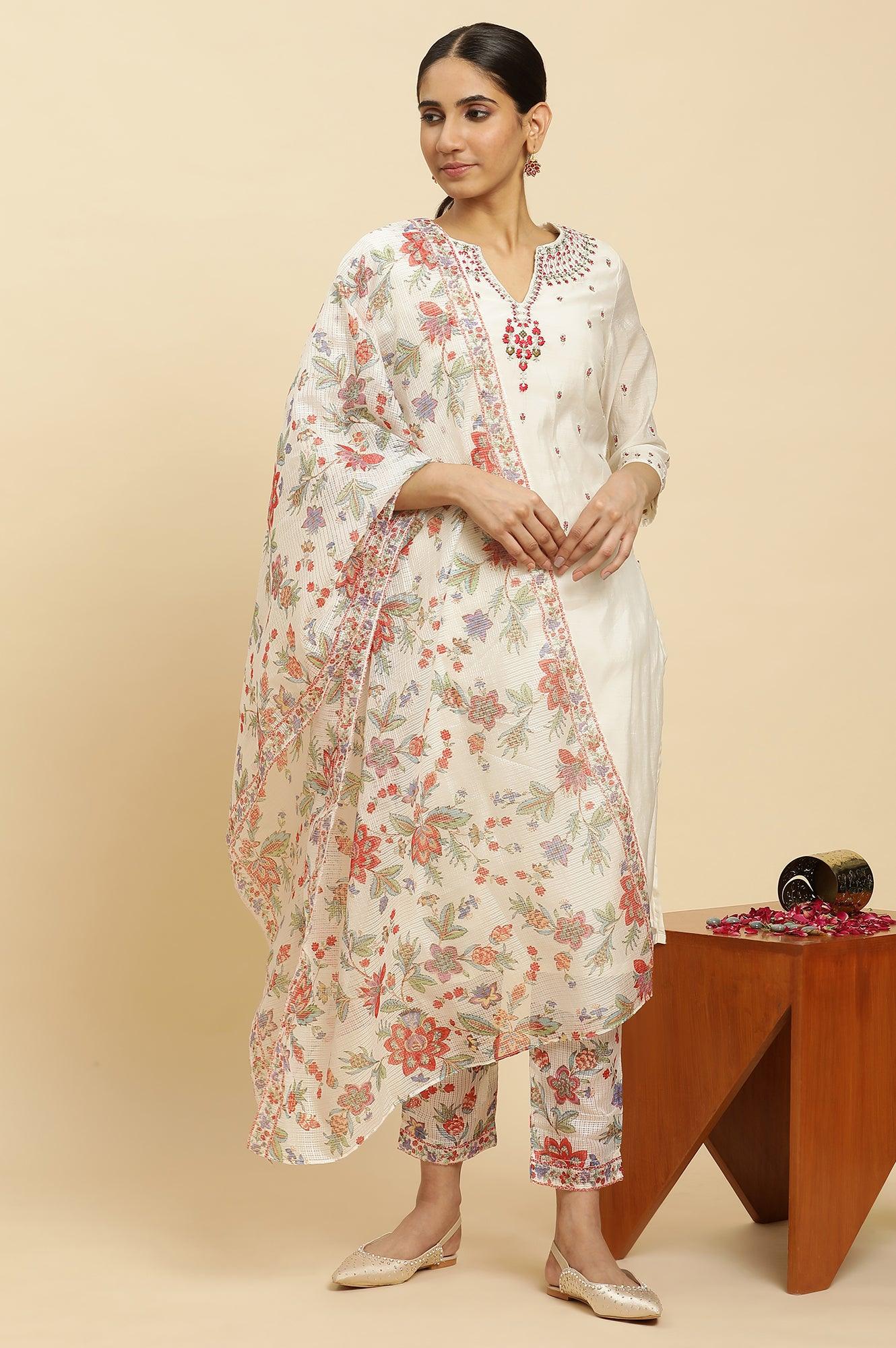 Ecru Chanderi Embroidered Kurta Set with Slim Pants and Dupatta - Image 7
