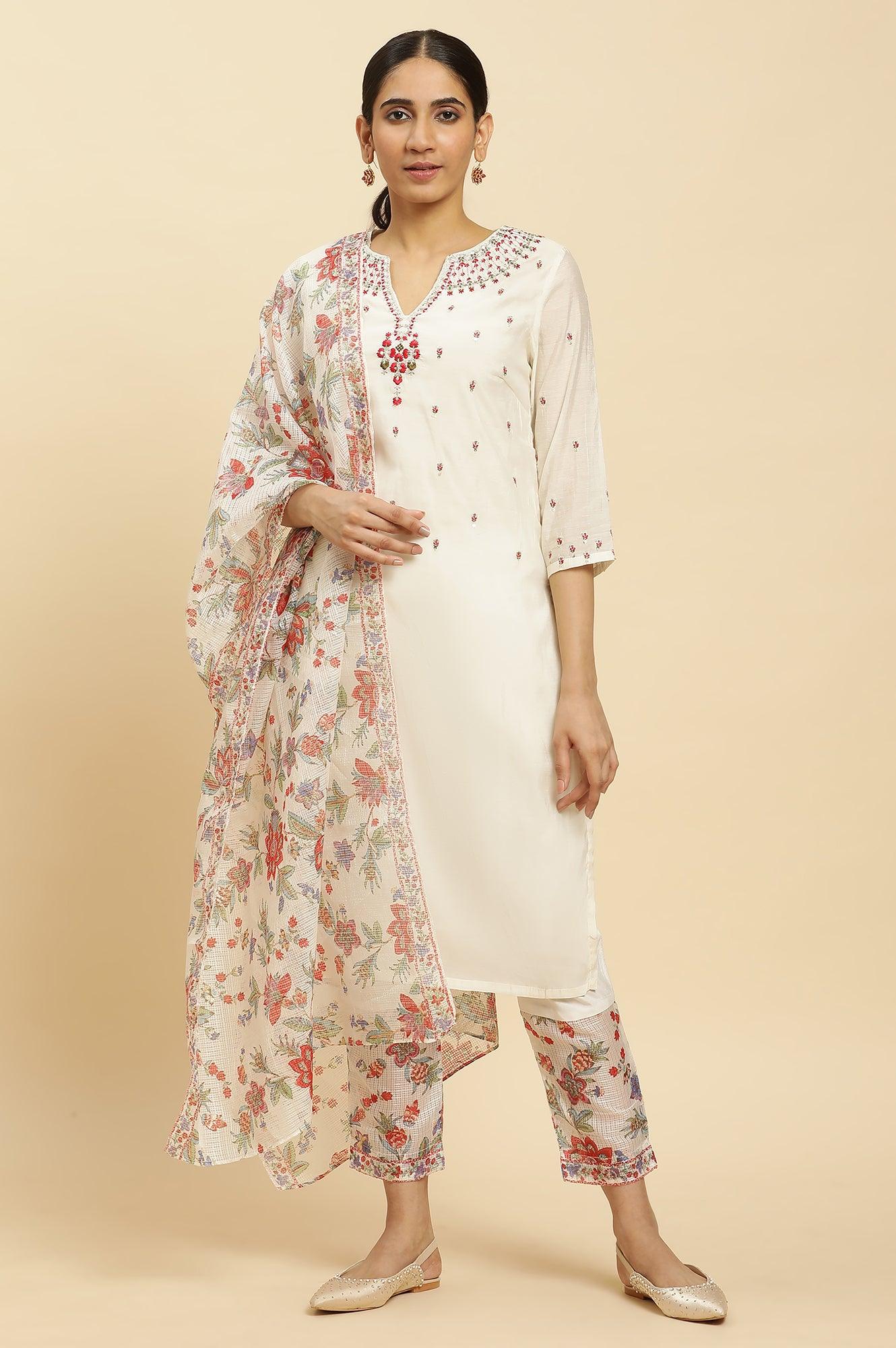 Ecru Chanderi Embroidered Kurta Set with Slim Pants and Dupatta - Image 8