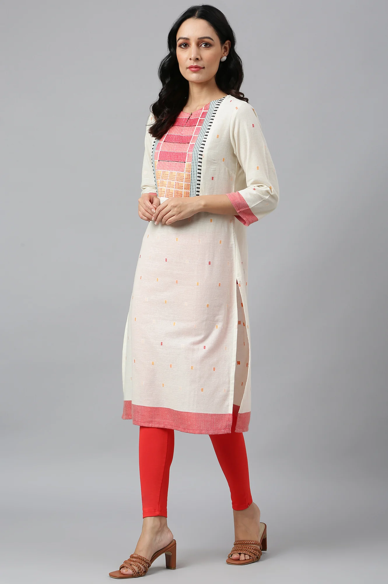 White Cotton Dobby Straight Kurta, Leggings and Butta Dobby Dupatta Set - Image 5