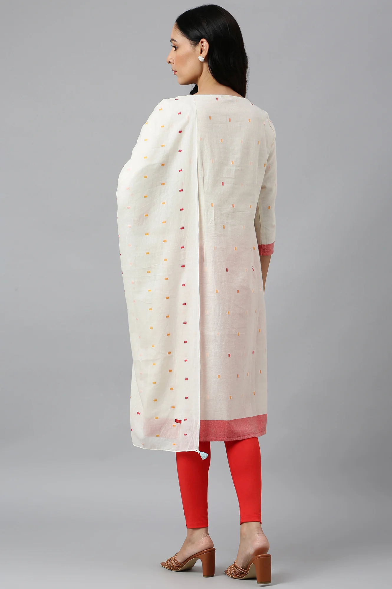 White Cotton Dobby Straight Kurta, Leggings and Butta Dobby Dupatta Set - Image 6