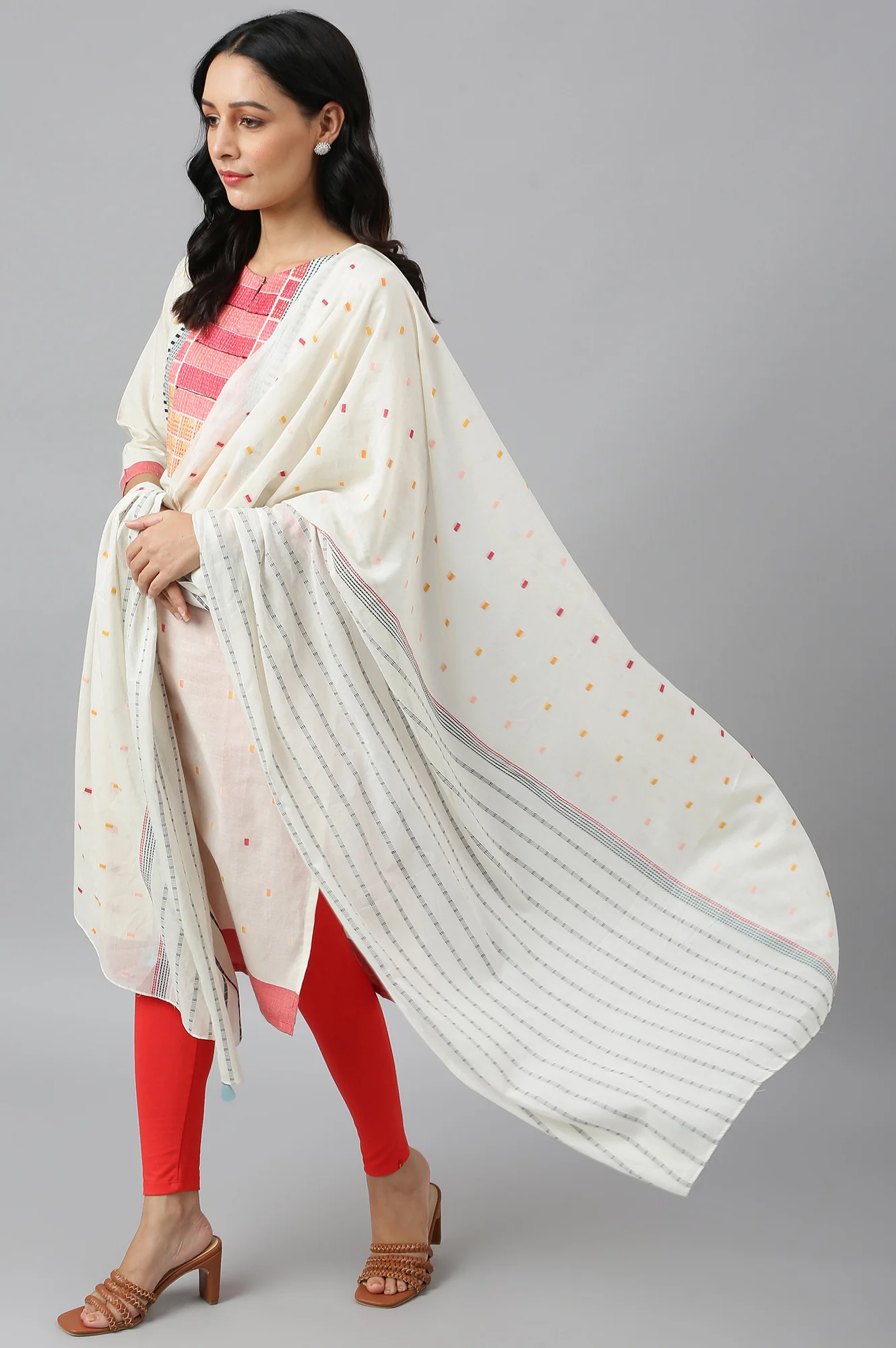 White Cotton Dobby Straight Kurta, Leggings and Butta Dobby Dupatta Set - Image 7