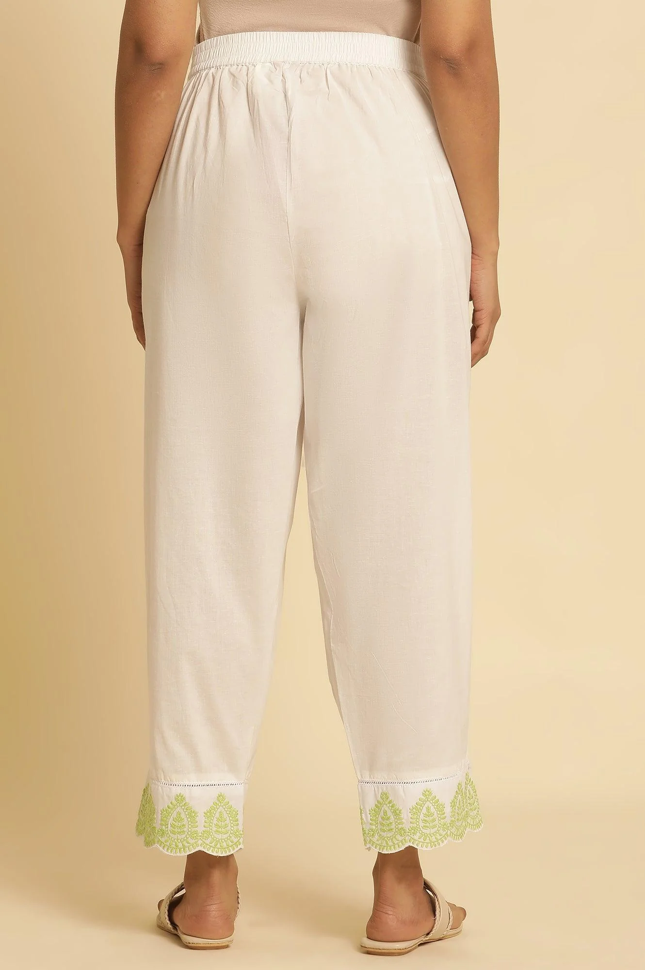 Ecru Straight Pants With Embroidered Hemline - Image 3