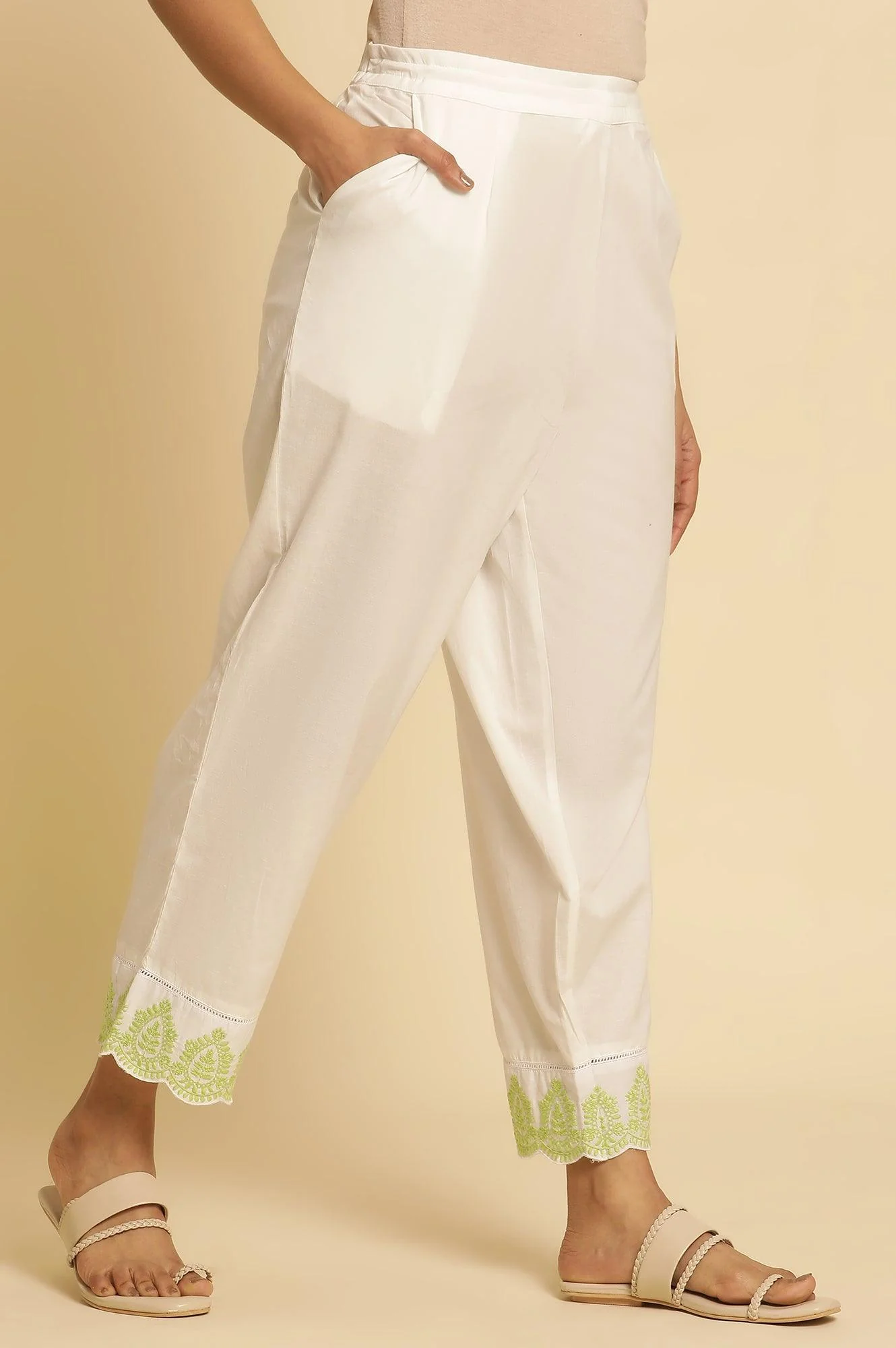 Ecru Straight Pants With Embroidered Hemline - Image 4