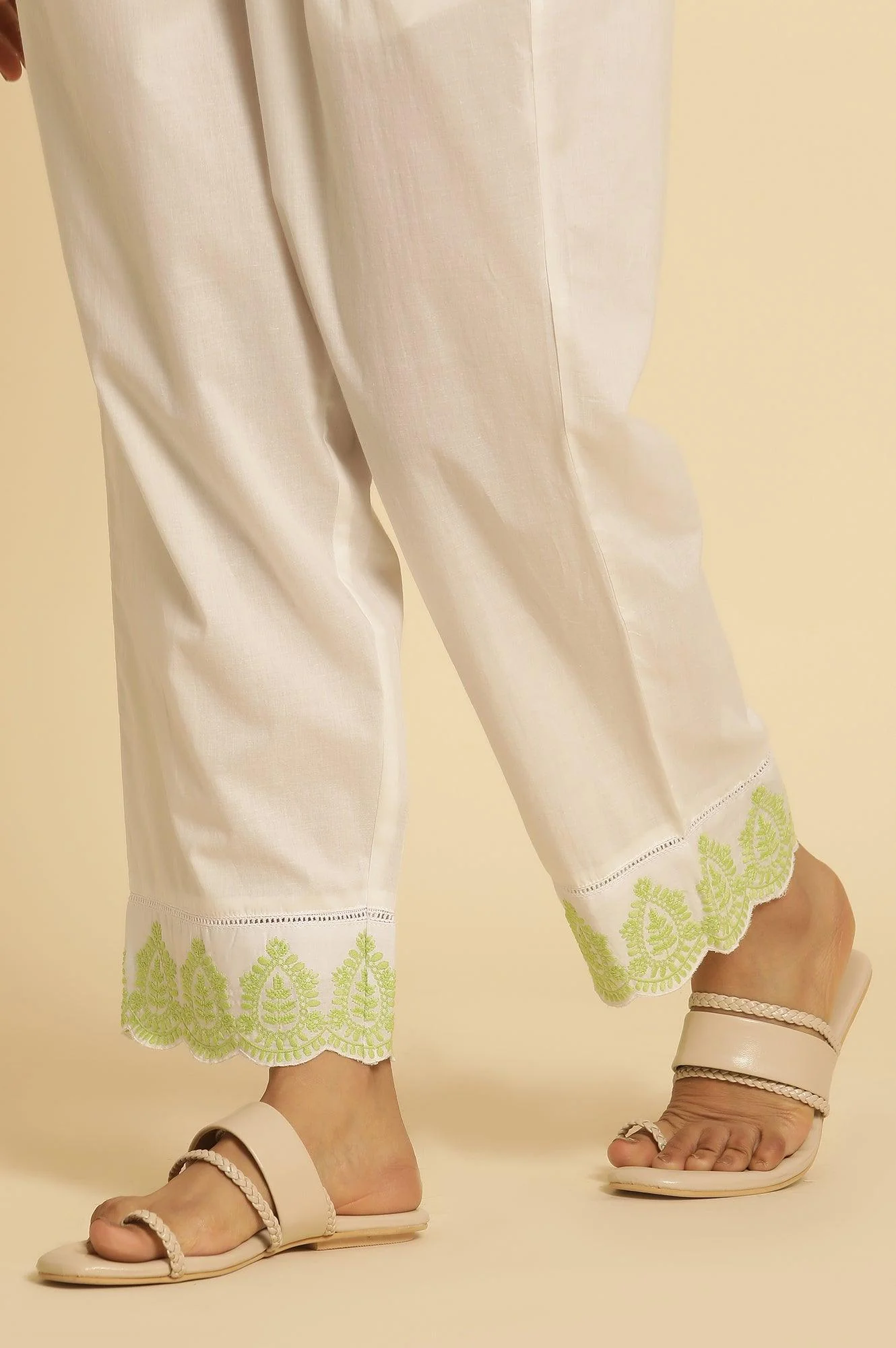 Ecru Straight Pants With Embroidered Hemline - Image 8
