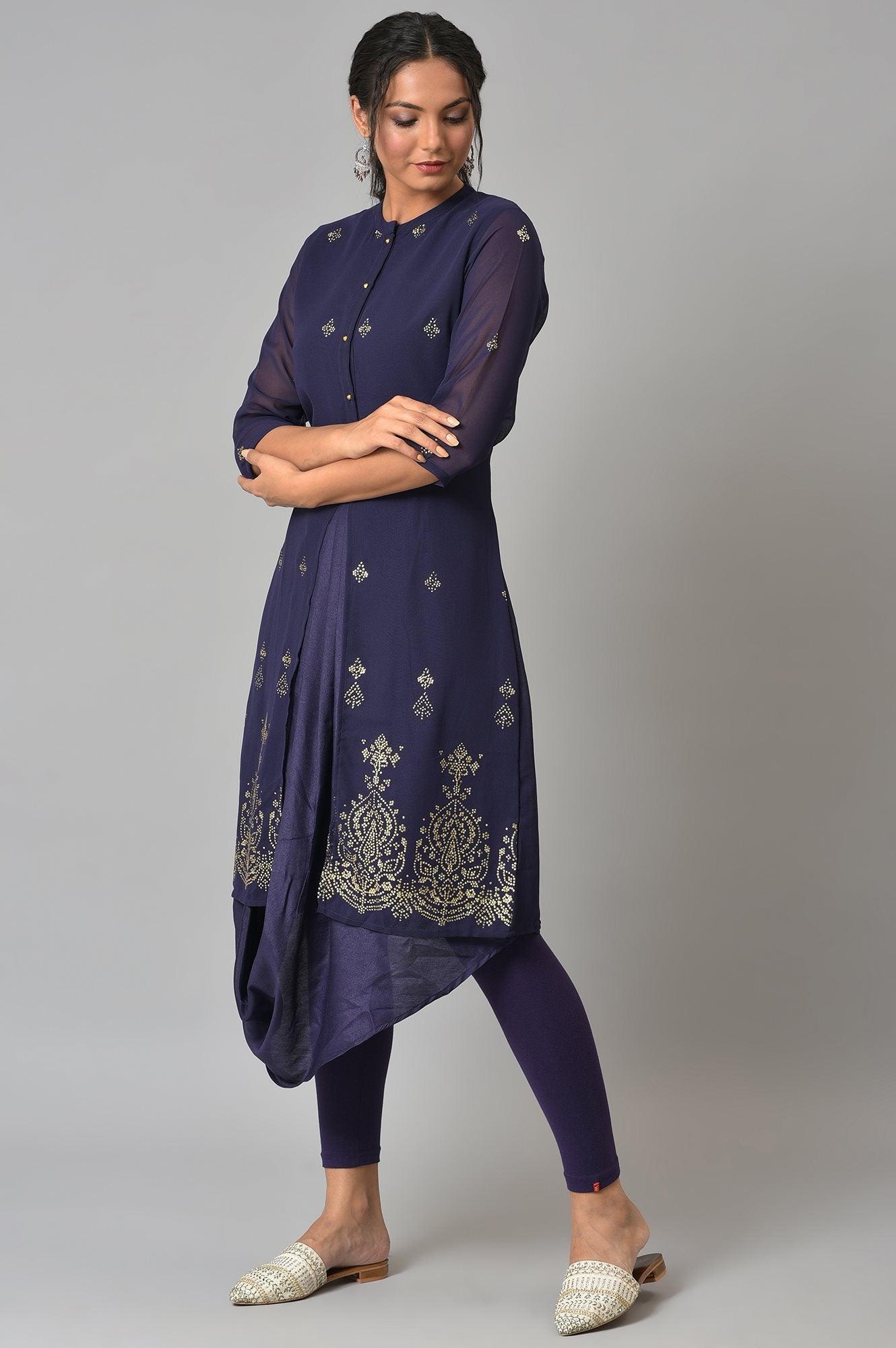 Grape Purple Cowled Hemline kurta With Tights - Image 3